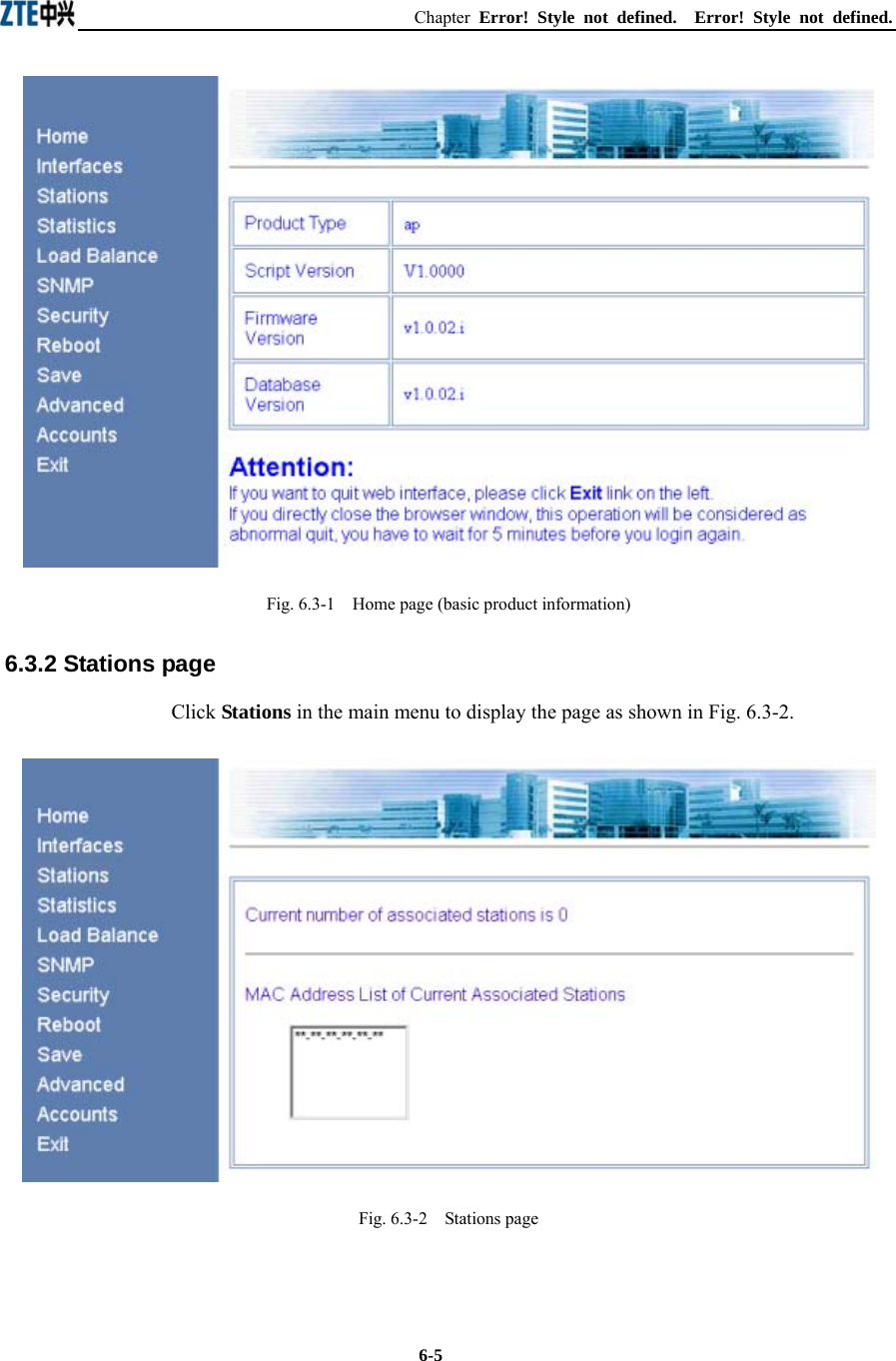 Chapter  Error! Style not defined.  Error! Style not defined.  6-5  Fig. 6.3-1    Home page (basic product information) 6.3.2 Stations page Click Stations in the main menu to display the page as shown in Fig. 6.3-2.  Fig. 6.3-2    Stations page  