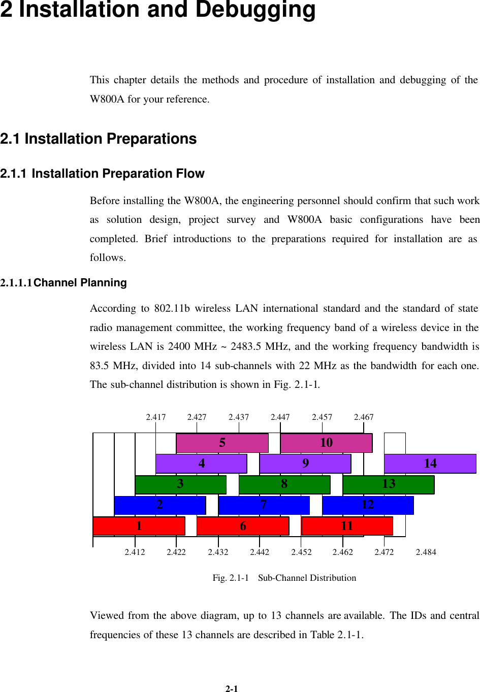   2-1 2 Installation and Debugging This chapter details the methods and procedure of installation and debugging of the W800A for your reference.   2.1 Installation Preparations 2.1.1 Installation Preparation Flow Before installing the W800A, the engineering personnel should confirm that such work as solution design, project survey and W800A basic configurations have been completed. Brief introductions to the preparations required for installation are as follows. 2.1.1.1 Channel Planning According to 802.11b wireless LAN international standard and the standard of state radio management committee, the working frequency band of a wireless device in the wireless LAN is 2400 MHz ~ 2483.5 MHz, and the working frequency bandwidth is 83.5 MHz, divided into 14 sub-channels with 22 MHz as the bandwidth for each one. The sub-channel distribution is shown in Fig. 2.1-1. 1 6 112 7 12345 109814132.417 2.427 2.437 2.447 2.4572.412 2.422 2.432 2.442 2.452 2.462 2.472 2.4842.467 Fig. 2.1-1  Sub-Channel Distribution Viewed from the above diagram, up to 13 channels are available. The IDs and central frequencies of these 13 channels are described in Table 2.1-1. 