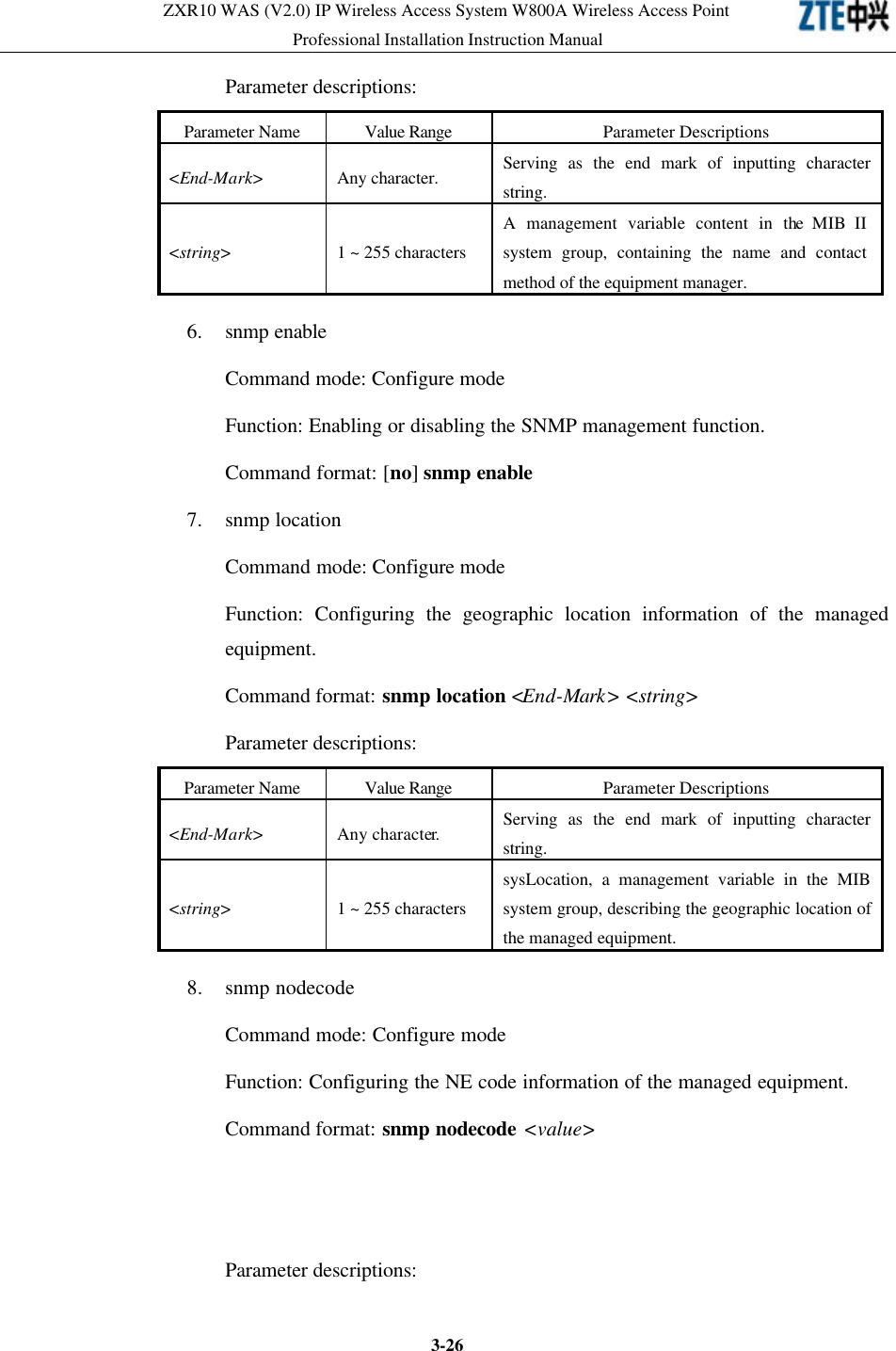 ZXR10 WAS (V2.0) IP Wireless Access System W800A Wireless Access Point Professional Installation Instruction Manual  3-26Parameter descriptions:   Parameter Name Value Range Parameter Descriptions &lt;End-Mark&gt; Any character. Serving as the end mark of inputting character string.   &lt;string&gt; 1 ~ 255 characters A management variable content in the MIB II system group, containing the name and contact method of the equipment manager.   6. snmp enable Command mode: Configure mode   Function: Enabling or disabling the SNMP management function.   Command format: [no] snmp enable 7. snmp location Command mode: Configure mode   Function: Configuring the geographic location information of the managed equipment.   Command format: snmp location &lt;End-Mark&gt; &lt;string&gt; Parameter descriptions:   Parameter Name Value Range Parameter Descriptions &lt;End-Mark&gt; Any character. Serving as the end mark of inputting character string.   &lt;string&gt; 1 ~ 255 characters sysLocation, a management variable in the MIB system group, describing the geographic location of the managed equipment.   8. snmp nodecode Command mode: Configure mode   Function: Configuring the NE code information of the managed equipment.   Command format: snmp nodecode &lt;value&gt;   Parameter descriptions:   