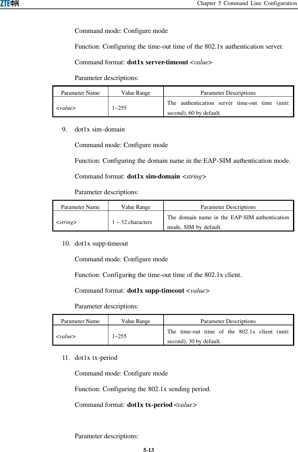 Chapter 5 Command Line Configuration  5-13Command mode: Configure mode   Function: Configuring the time-out time of the 802.1x authentication server.   Command format: dot1x server-timeout &lt;value&gt; Parameter descriptions:   Parameter Name Value Range Parameter Descriptions &lt;value&gt; 1~255 The authentication server time-out time (unit: second), 60 by default.   9. dot1x sim-domain   Command mode: Configure mode   Function: Configuring the domain name in the EAP-SIM authentication mode.   Command format: dot1x sim-domain &lt;string&gt; Parameter descriptions:   Parameter Name Value Range Parameter Descriptions &lt;string&gt; 1 ~ 32 characters The domain name in the EAP-SIM authentication mode, SIM by default.   10. dot1x supp-timeout   Command mode: Configure mode   Function: Configuring the time-out time of the 802.1x client.   Command format: dot1x supp-timeout &lt;value&gt; Parameter descriptions:   Parameter Name Value Range Parameter Descriptions &lt;value&gt; 1~255 The time-out time of the 802.1x client (unit: second), 30 by default.   11. dot1x tx-period   Command mode: Configure mode   Function: Configuring the 802.1x sending period.   Command format: dot1x tx-period &lt;value&gt;  Parameter descriptions:   