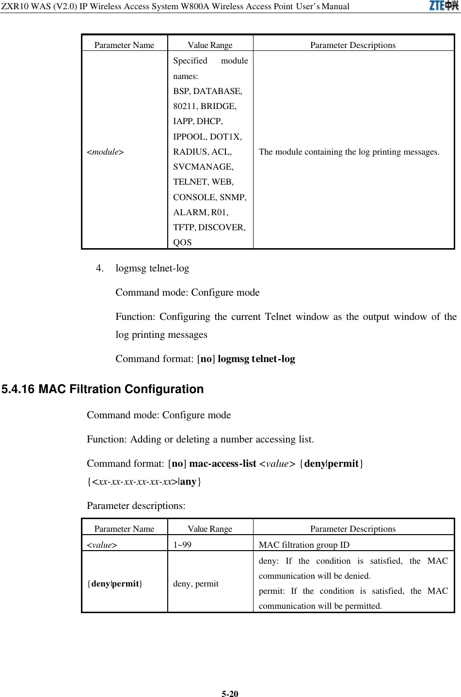 ZXR10 WAS (V2.0) IP Wireless Access System W800A Wireless Access Point User’s Manual  5-20Parameter Name Value Range Parameter Descriptions &lt;module&gt; Specified module names:   BSP, DATABASE, 80211, BRIDGE, IAPP, DHCP, IPPOOL, DOT1X, RADIUS, ACL, SVCMANAGE, TELNET, WEB, CONSOLE, SNMP, ALARM, R01, TFTP, DISCOVER, QOS The module containing the log printing messages.   4. logmsg telnet-log Command mode: Configure mode   Function: Configuring the current Telnet window as the output window of the log printing messages   Command format: [no] logmsg telnet-log 5.4.16 MAC Filtration Configuration   Command mode: Configure mode   Function: Adding or deleting a number accessing list.   Command format: [no] mac-access-list &lt;value&gt; {deny|permit} {&lt;xx-xx-xx-xx-xx-xx&gt;|any} Parameter descriptions:   Parameter Name Value Range Parameter Descriptions &lt;value&gt; 1~99 MAC filtration group ID {deny|permit} deny, permit deny: If the condition is satisfied, the MAC communication will be denied.   permit: If the condition is satisfied, the MAC communication will be permitted.   