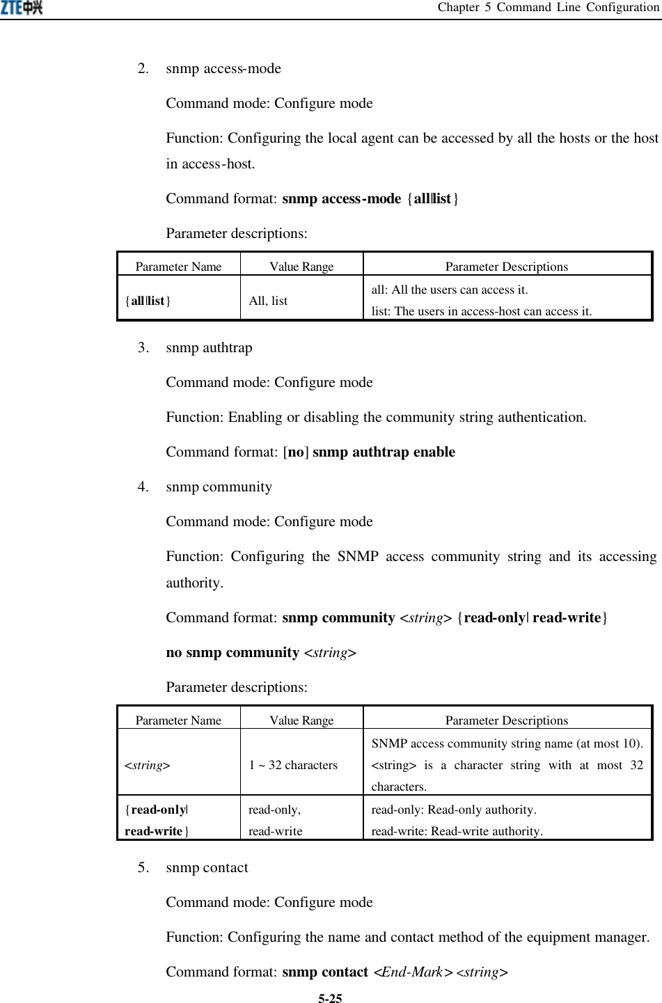 Chapter 5 Command Line Configuration  5-252. snmp access-mode Command mode: Configure mode   Function: Configuring the local agent can be accessed by all the hosts or the host in access-host.   Command format: snmp access-mode {all|list} Parameter descriptions:   Parameter Name Value Range Parameter Descriptions {all|list} All, list all: All the users can access it.   list: The users in access-host can access it.   3. snmp authtrap   Command mode: Configure mode   Function: Enabling or disabling the community string authentication.   Command format: [no] snmp authtrap enable 4. snmp community Command mode: Configure mode   Function: Configuring the SNMP access community string and its accessing authority.   Command format: snmp community &lt;string&gt; {read-only| read-write} no snmp community &lt;string&gt; Parameter descriptions:   Parameter Name Value Range Parameter Descriptions &lt;string&gt; 1 ~ 32 characters SNMP access community string name (at most 10). &lt;string&gt; is a character string with at most 32 characters.   {read-only| read-write} read-only, read-write read-only: Read-only authority.   read-write: Read-write authority.   5. snmp contact Command mode: Configure mode   Function: Configuring the name and contact method of the equipment manager.   Command format: snmp contact &lt;End-Mark&gt; &lt;string&gt; 