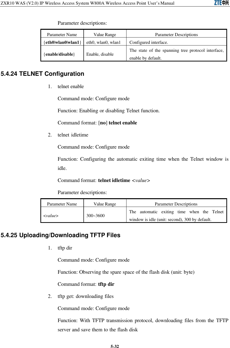 ZXR10 WAS (V2.0) IP Wireless Access System W800A Wireless Access Point User’s Manual  5-32Parameter descriptions:   Parameter Name Value Range Parameter Descriptions {eth0|wlan0|wlan1} eth0, wlan0, wlan1 Configured interface.   {enable|disable} Enable, disable  The state of the spanning tree protocol interface, enable by default.   5.4.24 TELNET Configuration   1. telnet enable Command mode: Configure mode   Function: Enabling or disabling Telnet function.   Command format: [no] telnet enable 2. telnet idletime Command mode: Configure mode   Function: Configuring the automatic exiting time when the Telnet window is idle.   Command format: telnet idletime &lt;value&gt; Parameter descriptions:   Parameter Name Value Range Parameter Descriptions &lt;value&gt; 300~3600 The automatic exiting time when the Telnet window is idle (unit: second), 300 by default.   5.4.25 Uploading/Downloading TFTP Files 1. tftp dir Command mode: Configure mode   Function: Observing the spare space of the flash disk (unit: byte) Command format: tftp dir 2. tftp get: downloading files   Command mode: Configure mode   Function: With TFTP transmission protocol, downloading files from the TFTP server and save them to the flash disk 