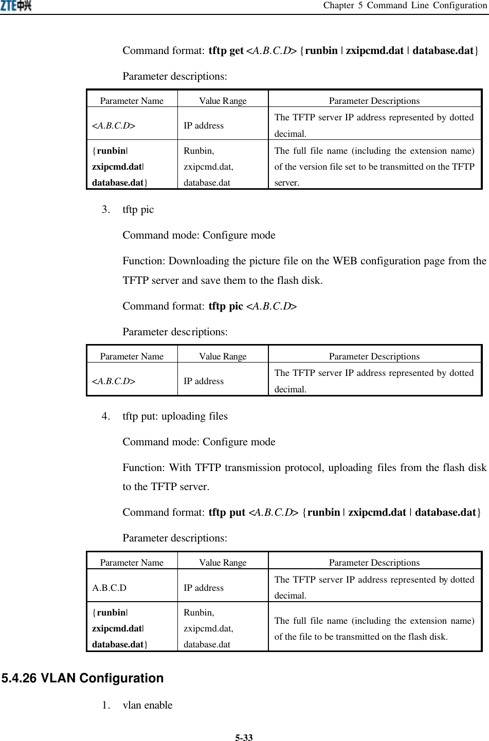 Chapter 5 Command Line Configuration  5-33Command format: tftp get &lt;A.B.C.D&gt; {runbin | zxipcmd.dat | database.dat} Parameter descriptions:   Parameter Name Value Range Parameter Descriptions &lt;A.B.C.D&gt; IP address   The TFTP server IP address represented by dotted decimal.   {runbin| zxipcmd.dat| database.dat} Runbin,   zxipcmd.dat,   database.dat The full file name (including the extension name) of the version file set to be transmitted on the TFTP server.   3. tftp pic Command mode: Configure mode   Function: Downloading the picture file on the WEB configuration page from the TFTP server and save them to the flash disk.   Command format: tftp pic &lt;A.B.C.D&gt; Parameter descriptions:   Parameter Name Value Range Parameter Descriptions &lt;A.B.C.D&gt; IP address The TFTP server IP address represented by dotted decimal.   4. tftp put: uploading files   Command mode: Configure mode   Function: With TFTP transmission protocol, uploading files from the flash disk to the TFTP server.   Command format: tftp put &lt;A.B.C.D&gt; {runbin | zxipcmd.dat | database.dat} Parameter descriptions:   Parameter Name Value Range Parameter Descriptions A.B.C.D IP address   The TFTP server IP address represented by dotted decimal.   {runbin| zxipcmd.dat| database.dat} Runbin,   zxipcmd.dat,   database.dat The full file name (including the extension name) of the file to be transmitted on the flash disk.   5.4.26 VLAN Configuration   1. vlan enable 