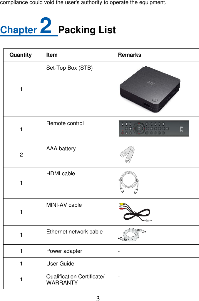 3  compliance could void the user&apos;s authority to operate the equipment. Chapter 2 Packing List  Quantity Item Remarks 1 Set-Top Box (STB)  1 Remote control  2 AAA battery  1 HDMI cable  1 MINI-AV cable  1 Ethernet network cable  1 Power adapter - 1 User Guide - 1 Qualification Certificate/ WARRANTY -  