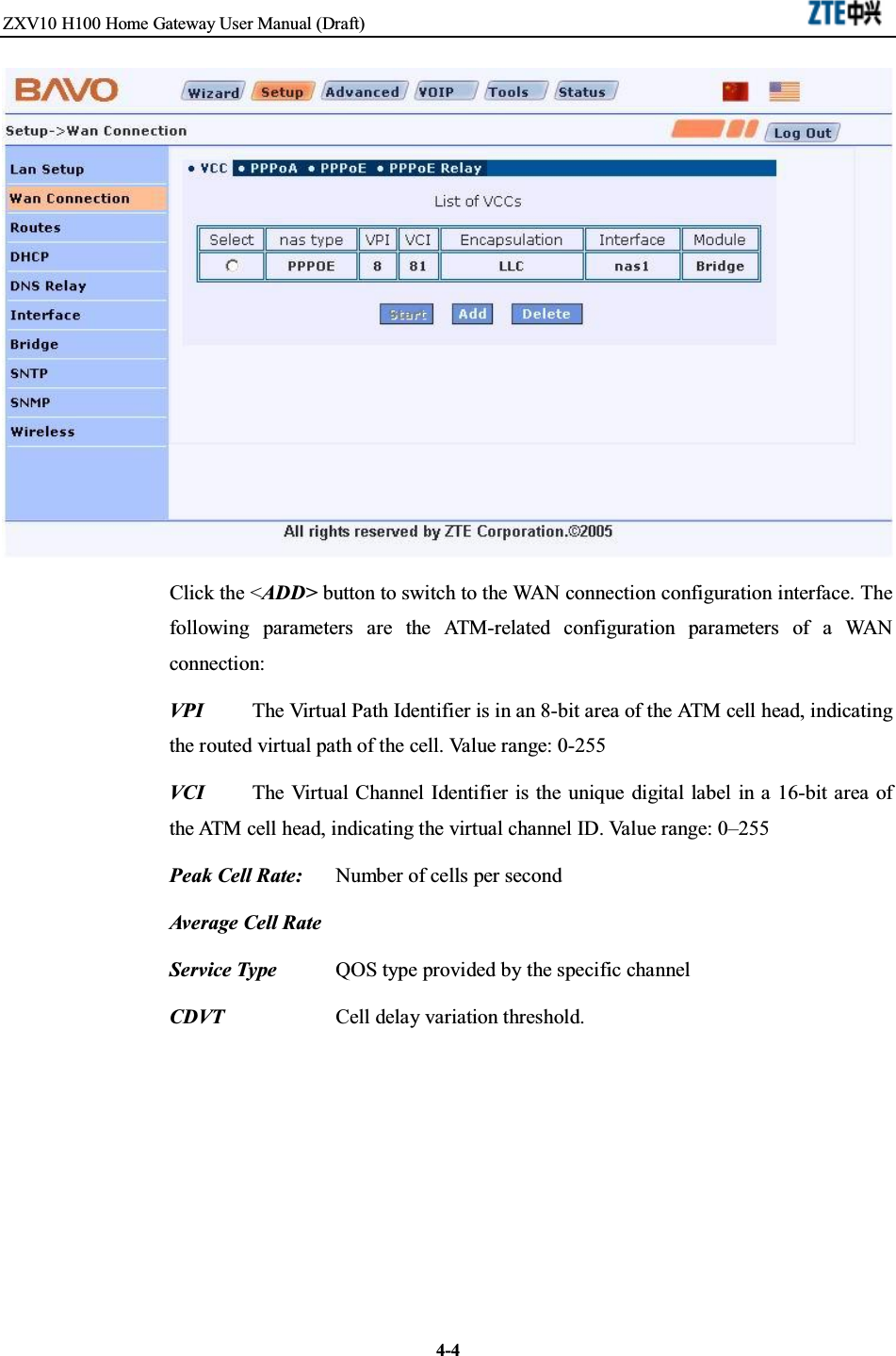 ZXV10 H100 Home Gateway User Manual (Draft)4-4Click the &lt;ADD&gt; button to switch to the WAN connection configuration interface. Thefollowing parameters are the ATM-related configuration parameters of a WANconnection:VPI The Virtual Path Identifier is in an 8-bit area of the ATM cell head, indicatingthe routed virtual path of the cell. Value range: 0-255VCI The Virtual Channel Identifier is the unique digital label in a 16-bit area ofthe ATM cell head, indicating the virtual channel ID. Value range: 0–255Peak Cell Rate: Number of cells per secondAverage Cell RateService Type QOS type provided by the specific channelCDVT Cell delay variation threshold.
