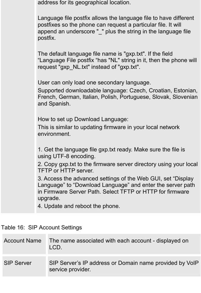   address for its geographical location.   Language file postfix allows the language file to have different postfixes so the phone can request a particular file. It will append an underscore &quot;_&quot; plus the string in the language file postfix.   The default language file name is &quot;gxp.txt&quot;. If the field “Language File postfix “has &quot;NL&quot; string in it, then the phone will request &quot;gxp_NL.txt&quot; instead of &quot;gxp.txt&quot;.  User can only load one secondary language. Supported downloadable language: Czech, Croatian, Estonian, French, German, Italian, Polish, Portuguese, Slovak, Slovenian and Spanish.  How to set up Download Language: This is similar to updating firmware in your local network environment.  1. Get the language file gxp.txt ready. Make sure the file is using UTF-8 encoding. 2. Copy gxp.txt to the firmware server directory using your local TFTP or HTTP server.  3. Access the advanced settings of the Web GUI, set “Display Language” to “Download Language” and enter the server path in Firmware Server Path. Select TFTP or HTTP for firmware upgrade. 4. Update and reboot the phone.  Table 16:  SIP Account Settings Account Name  The name associated with each account - displayed on LCD. SIP Server  SIP Server’s IP address or Domain name provided by VoIP service provider. 
