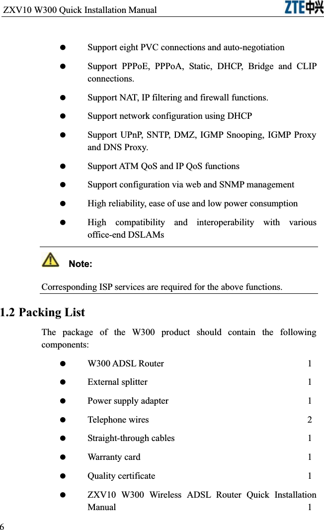 ZXV10 W300 Quick Installation Manual                            Support eight PVC connections and auto-negotiation Support PPPoE, PPPoA, Static, DHCP, Bridge and CLIP connections. Support NAT, IP filtering and firewall functions. Support network configuration using DHCP Support UPnP, SNTP, DMZ, IGMP Snooping, IGMP Proxy and DNS Proxy. Support ATM QoS and IP QoS functions Support configuration via web and SNMP management High reliability, ease of use and low power consumption High compatibility and interoperability with various office-end DSLAMs  Note:Corresponding ISP services are required for the above functions.1.2 Packing ListThe package of the W300 product should contain the following components: W300 ADSL Router       1 External splitter       1 Power supply adapter1 Telephone wires        2 Straight-through cables1 Warranty card        1 Quality certificate1 ZXV10 W300 Wireless ADSL Router Quick Installation Manual16