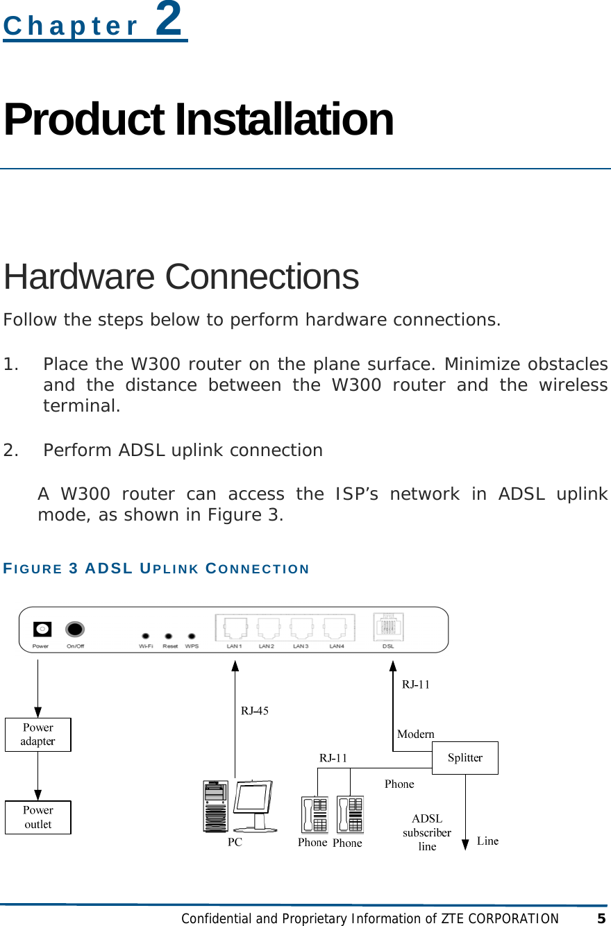  Confidential and Proprietary Information of ZTE CORPORATION 5 Chapter 2 Product Installation  Hardware Connections Follow the steps below to perform hardware connections. 1. Place the W300 router on the plane surface. Minimize obstacles and the distance between the W300 router and the wireless terminal. 2. Perform ADSL uplink connection A W300 router can access the ISP’s network in ADSL uplink mode, as shown in Figure 3. FIGURE 3 ADSL UPLINK CONNECTION  