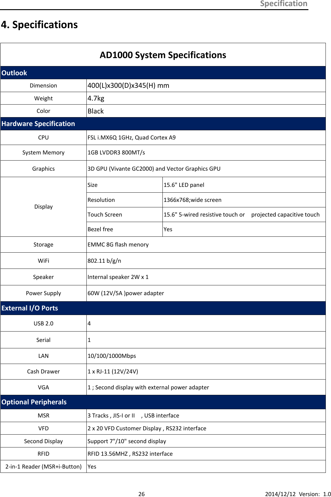 Specification      26 2014/12/12  Version:  1.0 4. Specifications  AD1000 System Specifications Outlook Dimension 400(L)x300(D)x345(H) mm Weight 4.7kg Color Black Hardware Specification CPU FSL i.MX6Q 1GHz, Quad Cortex A9   System Memory 1GB LVDDR3 800MT/s Graphics 3D GPU (Vivante GC2000) and Vector Graphics GPU Display   Size 15.6&quot; LED panel Resolution 1366x768;wide screen Touch Screen 15.6&quot; 5-wired resistive touch or    projected capacitive touch Bezel free Yes Storage EMMC 8G flash menory WiFi 802.11 b/g/n   Speaker Internal speaker 2W x 1 Power Supply 60W (12V/5A )power adapter External I/O Ports USB 2.0 4 Serial   1 LAN 10/100/1000Mbps Cash Drawer 1 x RJ-11 (12V/24V) VGA 1 ; Second display with external power adapter Optional Peripherals MSR 3 Tracks , JIS-I or II    , USB interface VFD 2 x 20 VFD Customer Display , RS232 interface Second Display Support 7&quot;/10&quot; second display RFID RFID 13.56MHZ , RS232 interface 2-in-1 Reader (MSR+i-Button) Yes 