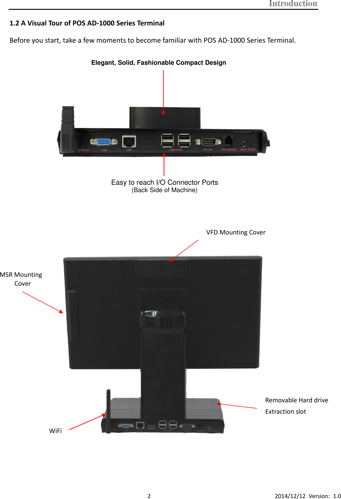 Introduction      2 2014/12/12  Version:  1.0 1.2 A Visual Tour of POS AD-1000 Series Terminal Before you start, take a few moments to become familiar with POS AD-1000 Series Terminal.                     Easy to reach I/O Connector Ports (Back Side of Machine) Elegant, Solid, Fashionable Compact Design VFD Mounting Cover Removable Hard drive Extraction slot MSR Mounting   Cover WiFi 
