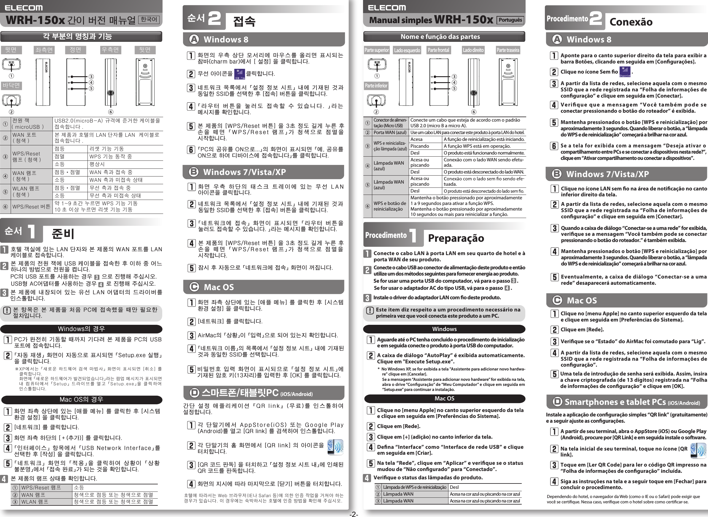 -2-Procedimento Procedimento 순서준비Windows 8호텔 객실에 있는 LAN 단자와 본 제품의 WAN 포트를 LAN 케이블로 접속합니다.본 제품의 전원 잭에 USB 케이블을 접속한 후 이하 중 어느 하나의 방법으로 전원을 켭니다.PC의 USB 포트를 사용하는 경우     으로 진행해 주십시오.USB형 AC어댑터를 사용하는 경우     로 진행해 주십시오.본 제품에 내장되어 있는 유선 LAN 어댑터의 드라이버를 인스톨합니다.Windows의 경우PC가 완전히 기동할 때까지 기다려 본 제품을 PC의 USB 포트에 접속합니다.「자동 재생」 화면이 자동으로 표시되면 「Setup.exe 실행」을 클릭합니다.Mac OS화면 좌측 상단에 있는 [애플 메뉴] 를 클릭한 후 [시스템 환경 설정] 을 클릭합니다.[네트워크] 를 클릭합니다.「인터페이스」 항목에서 「USB Network Interface」를 선택한 후 [작성] 을 클릭합니다.「네트워크」 화면의 「적용」을 클릭하여 상황이 「상황 불분명」에서 「접속 완료」가 되는 것을 확인합니다.화면 좌측 하단의 [＋(추가)] 를 클릭합니다.본 제품의 램프 상태를 확인합니다.접속화면의 우측 상단 모서리에 마우스를 올리면 표시되는 참바(charm bar)에서  ［설정] 을 클릭합니다.네트워크 목록에서 「설정 정보 시트」 내에 기재된 것과 동일한 SSID를 선택한 후 [접속] 버튼을 클릭합니다.「라우터  버튼을  눌러도  접속할  수  있습니다.  」라는  메시지를 확인합니다.무선 아이콘을       클릭합니다.본 제품의 [WPS/Reset 버튼] 을 3초 정도 길게 누른 후 손을  떼면 「WPS/Reset  램프」가  청색으로  점멸을  시작합니다.「PC의 공유를 ON으로...」의 화면이 표시되면 「예, 공유를 ON으로 하여 디바이스에 접속합니다」를 클릭합니다.BWindows 7/Vista/XP화면  우측  하단의  태스크  트레이에  있는  무선  LAN  아이콘을 클릭합니다.네트워크 목록에서 「설정 정보 시트」 내에 기재된 것과 동일한 SSID를 선택한 후 [접속] 버튼을 클릭합니다.「네트워크에 접속」 화면이  표시되면 「라우터 버튼을 눌러도 접속할 수 있습니다. 」라는 메시지를 확인합니다.본 제품의 [WPS/Reset 버튼] 을 3초 정도 길게 누른 후 손을  떼면 「WPS/Reset  램프」가  청색으로  점멸을  시작합니다.잠시 후 자동으로 「네트워크에 접속」 화면이 꺼집니다.CMac OS화면 좌측 상단에 있는 [애플 메뉴] 를 클릭한 후 [시스템 환경 설정] 을 클릭합니다.[네트워크] 를 클릭합니다.AirMac의 「상황」이 「입력」으로 되어 있는지 확인합니다.「네트워크 이름」의 목록에서 「설정 정보 시트」 내에 기재된 것과 동일한 SSID를 선택합니다.비밀번호 입력 화면이 표시되므로 「설정 정보 시트」에 기재된 암호 키(13자리)를 입력한 후 [OK] 를 클릭합니다.호텔에 따라서는 Web 브라우저(IE나 Safari 등)에 의한 인증 작업을 거쳐야 하는 경우가 있습니다. 이 경우에는 숙박하시는 호텔에 인증 방법을 확인해 주십시오.각 단말기에서 AppStore(iOS)  또는  Google  Play(Android)를 열고 [QR link] 를 검색하여 인스톨합니다.각 단말기의 홈 화면에서 [QR link] 의 아이콘을 터치합니다.화면의 지시에 따라 마지막으로 [닫기] 버튼을 터치합니다.[QR 코드 판독] 을 터치하고 「설정 정보 시트 내」에 인쇄된 QR 코드를 판독합니다.간단 설정  애플리케이션 『QR link』(무료)를  인스톨하여  설정합니다.D스마트폰/태블릿PC (iOS/Android)※XP에서는 「새로운 하드웨어 검색 마법사」 화면이 표시되면 [취소] 를 클릭합니다.화면에 「새로운 하드웨어가 발견되었습니다」라는 팝업 메시지가 표시되면 내 컴퓨터에서 「Setup」 드라이브를 열고 「Setup.exe」을 클릭하여 인스톨합니다.각 부분의 명칭과 기능윗면 정면 뒷면좌측면 우측면바닥면WRH-150x 간이 버전 매뉴얼본 항목은 본 제품을 처음 PC에 접속했을 때만 필요한 절차입니다.Mac OS의 경우순서 PreparaçãoWindows 8Conecte o cabo LAN à porta LAN em seu quarto de hotel e à porta WAN de seu produto.Conecte o cabo USB ao conector de alimentação deste produto e então utilize um dos métodos seguintes para fornecer energia ao produto.Se for usar uma porta USB do computador, vá para o passo       .Se for usar o adaptador AC do tipo USB, vá para o passo        .Instale o driver do adaptador LAN com o deste produto.WindowsAguarde até o PC tenha concluído o procedimento de inicialização e em seguida conecte o produto à porta USB do computador.A caixa de diálogo “AutoPlay” é exibida automaticamente. Clique em &quot;Execute Setup.exe”.Mac OSClique no [menu Apple] no canto superior esquerdo da tela e clique em seguida em [Preferências do Sistema].Clique em [Rede].Dena “Interface” como “Interface de rede USB” e clique em seguida em [Criar].Na tela “Rede”, clique em “Aplicar” e verique se o status mudou de “Não congurado” para “Conectado”.Clique em [+] (adição) no canto inferior da tela.Verique o status das lâmpadas do produto.ConexãoAponte para o canto superior direito da tela para exibir a barra Botões, clicando em seguida em [Congurações].A partir da lista de redes, selecione aquela com o mesmo SSID que a rede registrada na “Folha de informações de conguração” e clique em seguida em [Conectar].Verique que a mensagem “Você também pode se conectar pressionando o botão do roteador” é exibida.Clique no ícone Sem o            .Mantenha pressionados o botão [WPS e reinicialização] por aproximadamente 3 segundos. Quando liberar o botão, a “lâmpada do WPS e de reinicialização” começará a brilhar na cor azul.Se a tela for exibida com a mensagem “Deseja ativar o compartilhamento entre PCs e se conectar a dispositivos nesta rede?”, clique em “Ativar compartilhamento ou conectar a dispositivos”.BWindows 7/Vista/XPClique no ícone LAN sem o na área de noticação no canto inferior direito da tela.A partir da lista de redes, selecione aquela com o mesmo SSID que a rede registrada na “Folha de informações de conguração” e clique em seguida em [Conectar].Quando a caixa de diálogo “Conectar-se a uma rede” for exibida, verique se a mensagem “Você também pode se conectar pressionando o botão do roteador.” é também exibida.Mantenha pressionados o botão [WPS e reinicialização] por aproximadamente 3 segundos. Quando liberar o botão, a “lâmpada do WPS e de reinicialização” começará a brilhar na cor azul.Eventualmente, a caixa de diálogo “Conectar-se a uma rede” desaparecerá automaticamente.CMac OSClique no [menu Apple] no canto superior esquerdo da tela e clique em seguida em [Preferências do Sistema].Clique em [Rede].Verique se o “Estado” do AirMac foi comutado para “Lig”.A partir da lista de redes, selecione aquela com o mesmo SSID que a rede registrada na “Folha de informações de conguração”.Uma tela de introdução de senha será exibida. Assim, insira a chave criptografada (de 13 dígitos) registrada na “Folha de informações de conguração” e clique em [OK].Dependendo do hotel, o navegador da Web (como o IE ou o Safari) pode exigir que você se certique. Nessa caso, verique com o hotel sobre como certicar-se.A partir de seu terminal, abra o AppStore (iOS) ou Google Play (Android), procure por [QR Link] e em seguida instale o software.Na tela inicial de seu terminal, toque no ícone [QR link].Siga as instruções na tela e a seguir toque em [Fechar] para concluir o procedimento.Toque em [Ler QR Code] para ler o código QR impresso na “Folha de informações de conguração” incluída.Instale a aplicação de conguração simples “QR link” (gratuitamente) e a seguir ajuste as congurações.DSmartphones e tablet PCs (iOS/Android)*  No Windows XP, se for exibida a tela &quot;Assistente para adicionar novo hardwa-re&quot; clique em [Cancelar].Se a mensagem “Assistente para adicionar novo hardware” for exibida na tela, abra o drive “Conguração” de “Meu Computador” e clique em seguida em “Setup.exe” para continuar a instalação.Nome e função das partesParte superior Parte frontal Parte traseiraLado esquerdo Lado direitoParte inferior Manual simples WRH-150xEste item diz respeito a um procedimento necessário na primeira vez que você conecta este produto a um PC.Mac OS전원 잭（microUSB）USB2.0(microB-A) 규격에 준거한 케이블을 접속합니다 .WAN 포트( 청색 )본 제품과 호텔의 LAN 단자를 LAN  케이블로 접속합니다 .WPS/Reset램프 ( 청색 )점등 리셋 기능 기동점멸 WPS 기능 동작 중소등 평상시WAN 램프( 청색 )점등・점멸 WAN 측과 접속 중소등 WAN 측과 미접속 상태WLAN 램프( 청색 )점등・점멸 무선 측과 접속 중소등 무선 측과 미접속 상태WPS/Reset 버튼 약 1~9 초간 누르면 WPS 기능 기동10 초 이상 누르면 리셋 기능 기동한국어 PortuguêsConector de alimen-tação (Micro USB)Conecte um cabo que esteja de acordo com o padrão USB 2.0 (micro B a micro A).Porta WAN (azul)Use um cabo LAN para conectar este produto à porta LAN do hotel.WPS e reinicializa-ção lâmpada (azul)Acesa A função de reinicialização está iniciando.Piscando A função WPS está em operação.Desl O produto está funcionando normalmente.Lâmpada WAN(azul)Acesa ou piscandoConexão com o lado WAN sendo efetu-ada.Desl O produto está desconectado do lado WAN.Lâmpada WAN(azul)Acesa ou piscando-tuada.DeslWPS e botão de reinicializaçãoMantenha o botão pressionado por aproximadamente 1 a 9 segundos para ativar a função WPS.Mantenha o botão pressionado por aproximadamente 10 segundos ou mais para reinicializar a função.WPS/Reset 램프 소등WAN 램프 청색으로 점등 또는 청색으로 점멸WLAN 램프 청색으로 점등 또는 청색으로 점멸Lâmpada de WPS e de reinicializaçãoDeslLâmpada WANAcesa na cor azul ou piscando na cor azulLâmpada WANAcesa na cor azul ou piscando na cor azul