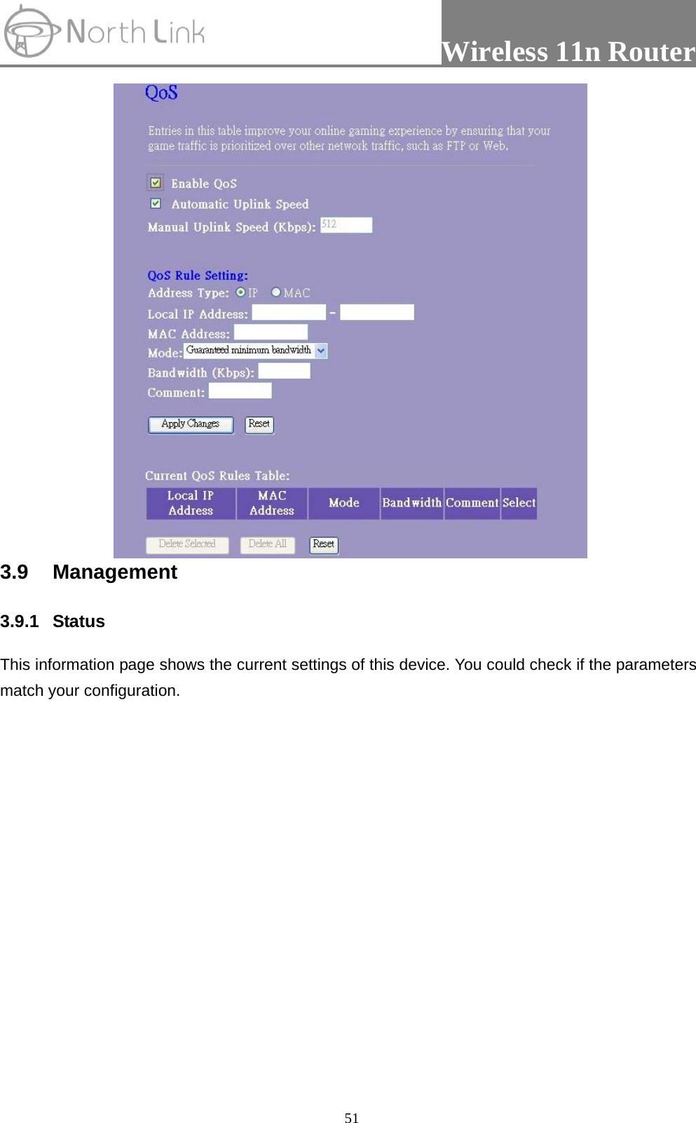                 Wireless 11n Router   51 3.9 Management  3.9.1 Status   This information page shows the current settings of this device. You could check if the parameters match your configuration.   