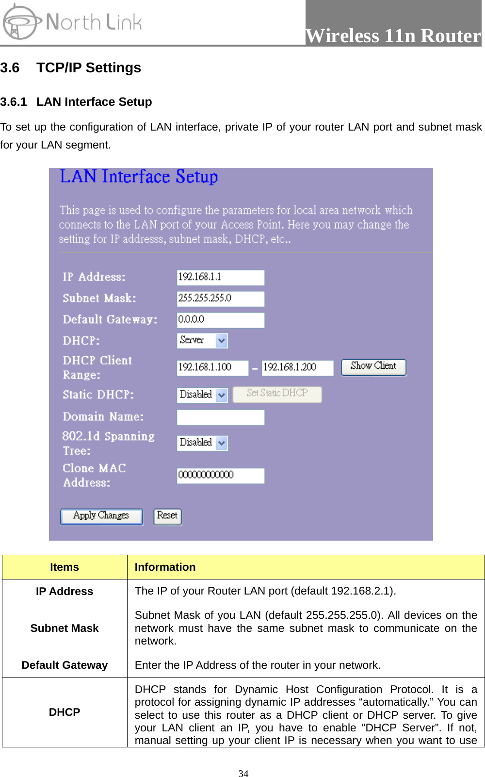                 Wireless 11n Router   343.6 TCP/IP Settings  3.6.1  LAN Interface Setup To set up the configuration of LAN interface, private IP of your router LAN port and subnet mask for your LAN segment.    Items  Information IP Address  The IP of your Router LAN port (default 192.168.2.1). Subnet Mask  Subnet Mask of you LAN (default 255.255.255.0). All devices on the network must have the same subnet mask to communicate on the network. Default Gateway  Enter the IP Address of the router in your network. DHCP DHCP stands for Dynamic Host Configuration Protocol. It is a protocol for assigning dynamic IP addresses “automatically.” You can select to use this router as a DHCP client or DHCP server. To give your LAN client an IP, you have to enable “DHCP Server”. If not, manual setting up your client IP is necessary when you want to use 