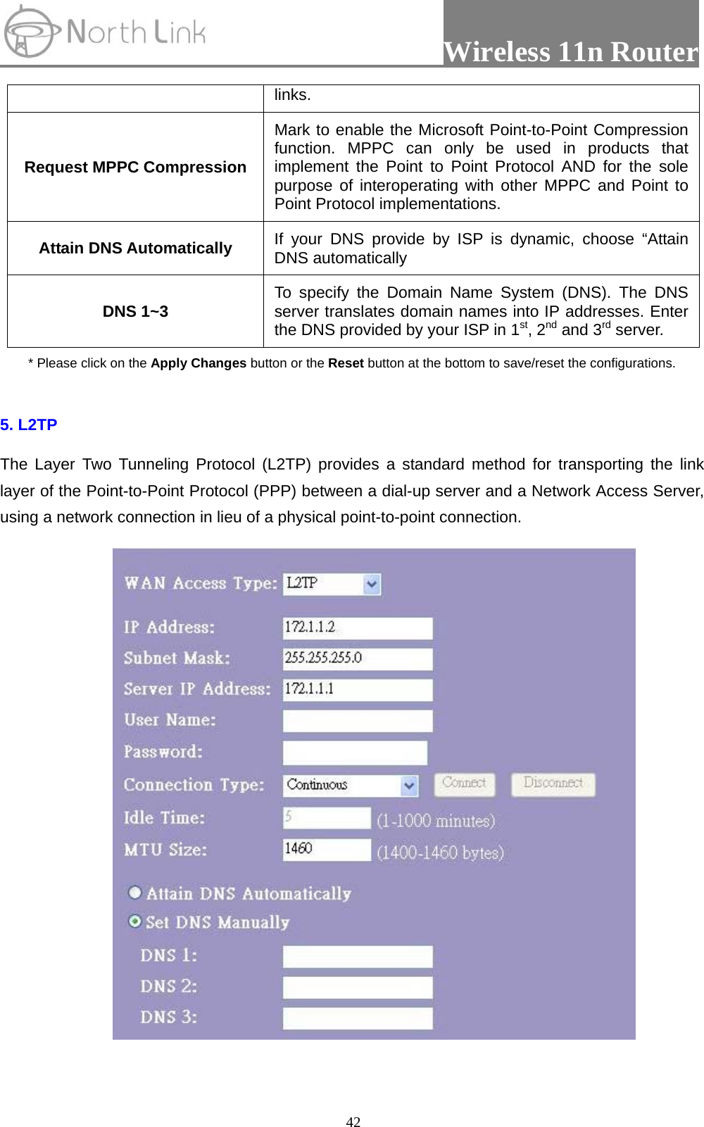                 Wireless 11n Router   42links. Request MPPC Compression Mark to enable the Microsoft Point-to-Point Compression function. MPPC can only be used in products that implement the Point to Point Protocol AND for the sole purpose of interoperating with other MPPC and Point to Point Protocol implementations. Attain DNS Automatically  If your DNS provide by ISP is dynamic, choose “Attain DNS automatically DNS 1~3  To specify the Domain Name System (DNS). The DNS server translates domain names into IP addresses. Enter the DNS provided by your ISP in 1st, 2nd and 3rd server. * Please click on the Apply Changes button or the Reset button at the bottom to save/reset the configurations.  5. L2TP The Layer Two Tunneling Protocol (L2TP) provides a standard method for transporting the link layer of the Point-to-Point Protocol (PPP) between a dial-up server and a Network Access Server, using a network connection in lieu of a physical point-to-point connection.  