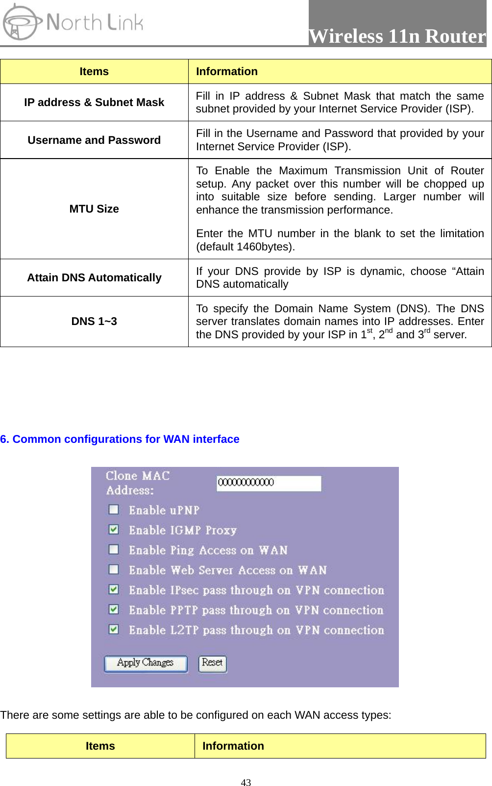                 Wireless 11n Router   43Items  Information IP address &amp; Subnet Mask  Fill in IP address &amp; Subnet Mask that match the same subnet provided by your Internet Service Provider (ISP). Username and Password  Fill in the Username and Password that provided by your Internet Service Provider (ISP). MTU Size To Enable the Maximum Transmission Unit of Router setup. Any packet over this number will be chopped up into suitable size before sending. Larger number will enhance the transmission performance.   Enter the MTU number in the blank to set the limitation (default 1460bytes). Attain DNS Automatically  If your DNS provide by ISP is dynamic, choose “Attain DNS automatically DNS 1~3  To specify the Domain Name System (DNS). The DNS server translates domain names into IP addresses. Enter the DNS provided by your ISP in 1st, 2nd and 3rd server.    6. Common configurations for WAN interface  There are some settings are able to be configured on each WAN access types: Items  Information 