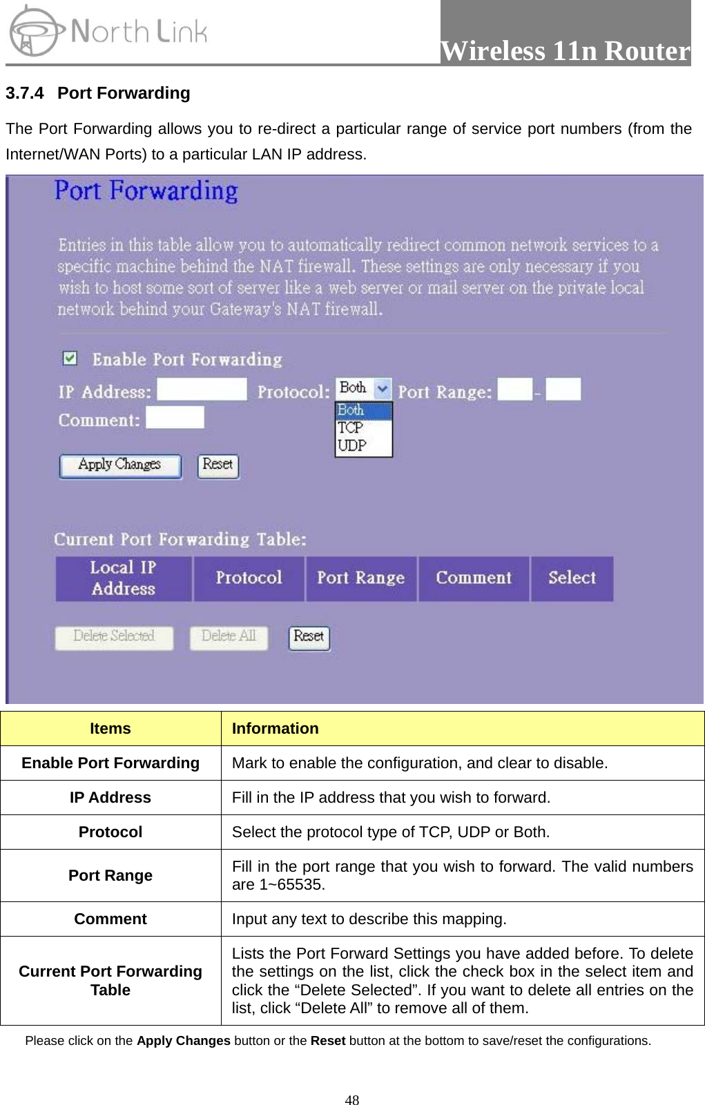                 Wireless 11n Router   483.7.4 Port Forwarding  The Port Forwarding allows you to re-direct a particular range of service port numbers (from the Internet/WAN Ports) to a particular LAN IP address.    Items  Information Enable Port Forwarding  Mark to enable the configuration, and clear to disable. IP Address  Fill in the IP address that you wish to forward. Protocol  Select the protocol type of TCP, UDP or Both. Port Range  Fill in the port range that you wish to forward. The valid numbers are 1~65535. Comment  Input any text to describe this mapping. Current Port Forwarding Table Lists the Port Forward Settings you have added before. To delete the settings on the list, click the check box in the select item and click the “Delete Selected”. If you want to delete all entries on the list, click “Delete All” to remove all of them. Please click on the Apply Changes button or the Reset button at the bottom to save/reset the configurations. 