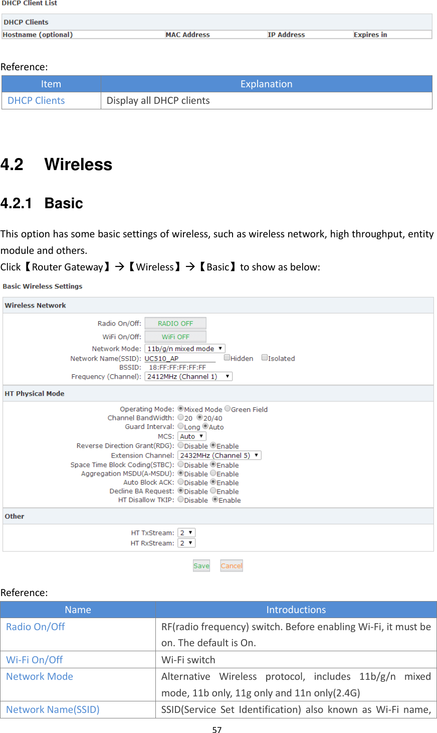 57   Reference: Item Explanation DHCP Clients Display all DHCP clients     4.2  Wireless 4.2.1  Basic This option has some basic settings of wireless, such as wireless network, high throughput, entity module and others. Click【Router Gateway】【Wireless】【Basic】to show as below:    Reference: Name Introductions Radio On/Off RF(radio frequency) switch. Before enabling Wi-Fi, it must be on. The default is On. Wi-Fi On/Off Wi-Fi switch   Network Mode Alternative  Wireless  protocol,  includes  11b/g/n  mixed mode, 11b only, 11g only and 11n only(2.4G) Network Name(SSID) SSID(Service  Set  Identification)  also  known  as  Wi-Fi  name, 