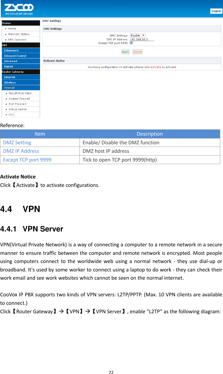  72   Reference: Item Description DMZ Setting Enable/ Disable the DMZ function DMZ IP Address DMZ host IP address   Except TCP port 9999 Tick to open TCP port 9999(http)  Activate Notice Click【Activate】to activate configurations.  4.4 VPN 4.4.1  VPN Server VPN(Virtual Private Network) is a way of connecting a computer to a remote network in a secure manner to ensure traffic between the computer and remote network is encrypted. Most people using  computers  connect  to  the  worldwide  web  using  a  normal  network  -  they  use  dial-up or broadband. It&apos;s used by some worker to connect using a laptop to do work - they can check their work email and see work websites which cannot be seen on the normal internet.  CooVox IP PBX supports two kinds of VPN servers: L2TP/PPTP. (Max. 10 VPN clients are available to connect.) Click【Router Gateway】【VPN】【VPN Server】, enable “L2TP” as the following diagram: 