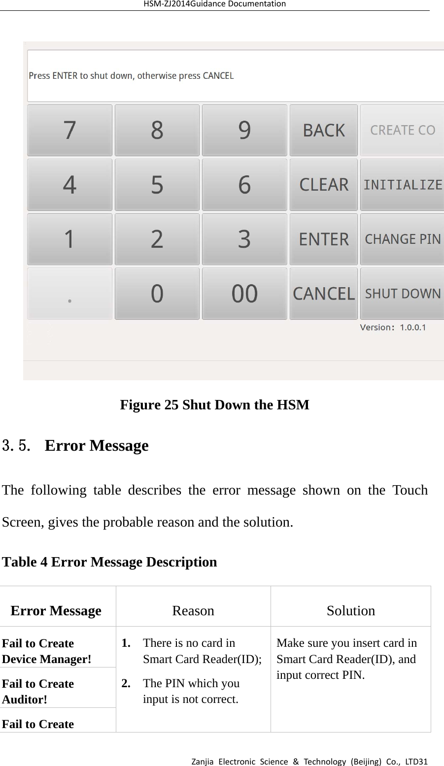 HSM‐ZJ2014GuidanceDocumentationZanjiaElectronicScience&amp;Technology(Beijing)Co.,LTD31 Figure 25 Shut Down the HSM 3.5. Error Message The following table describes the error message shown on the Touch Screen, gives the probable reason and the solution. Table 4 Error Message Description Error Message  Reason Solution Fail to Create Device Manager!  1. There is no card in Smart Card Reader(ID);2. The PIN which you input is not correct. Make sure you insert card in Smart Card Reader(ID), and input correct PIN. Fail to Create Auditor! Fail to Create 