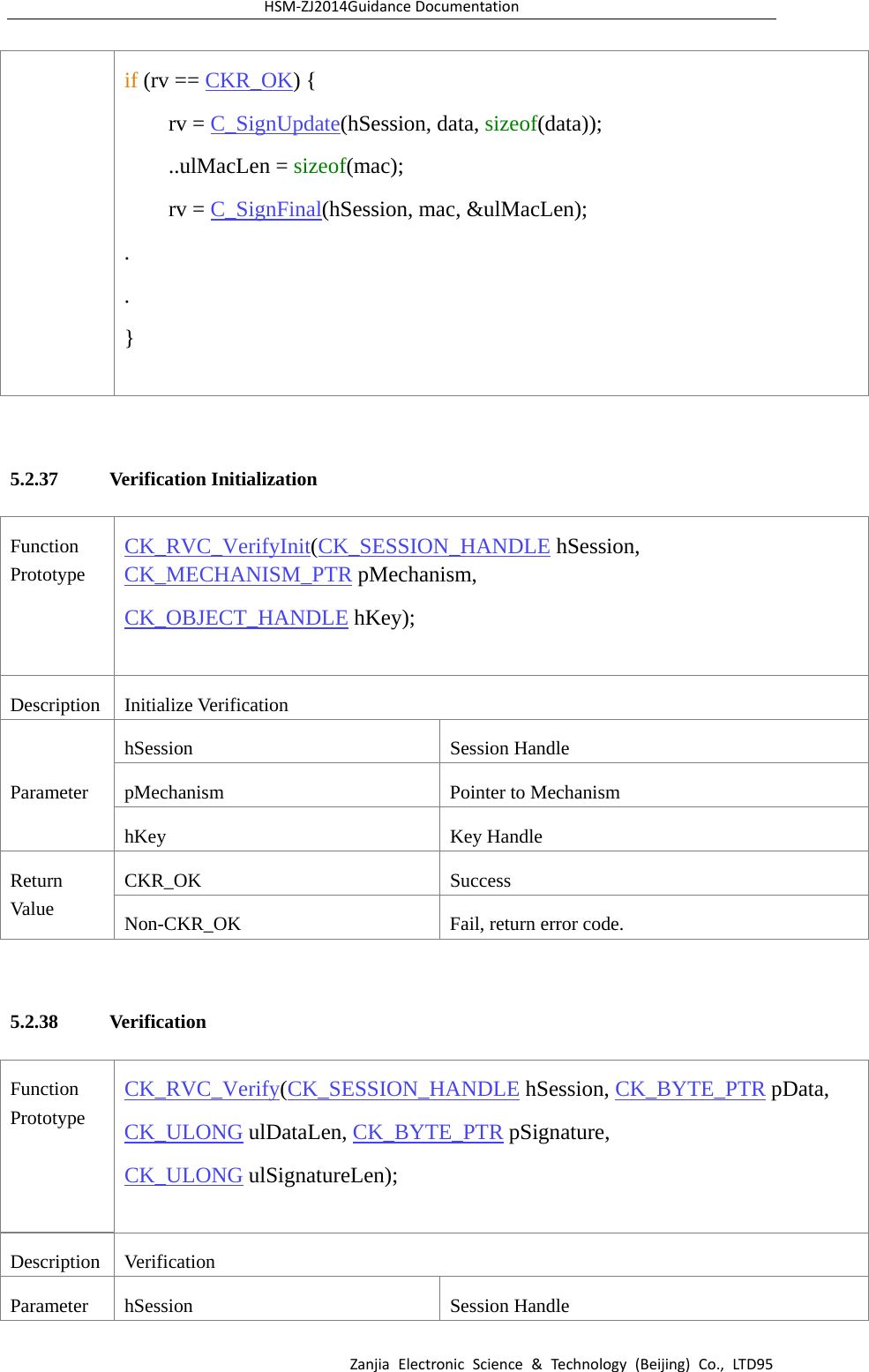 HSM‐ZJ2014GuidanceDocumentationZanjiaElectronicScience&amp;Technology(Beijing)Co.,LTD95if (rv == CKR_OK) {     rv = C_SignUpdate(hSession, data, sizeof(data));     ..ulMacLen = sizeof(mac);     rv = C_SignFinal(hSession, mac, &amp;ulMacLen); . . }   5.2.37 Verification Initialization Function Prototype CK_RVC_VerifyInit(CK_SESSION_HANDLE hSession, CK_MECHANISM_PTR pMechanism, CK_OBJECT_HANDLE hKey);  Description Initialize Verification Parameter hSession Session Handle pMechanism  Pointer to Mechanism   hKey Key Handle Return Val ue  CKR_OK Success Non-CKR_OK  Fail, return error code.  5.2.38 Verification Function Prototype CK_RVC_Verify(CK_SESSION_HANDLE hSession, CK_BYTE_PTR pData, CK_ULONG ulDataLen, CK_BYTE_PTR pSignature, CK_ULONG ulSignatureLen);  Description Verification Parameter hSession  Session Handle 