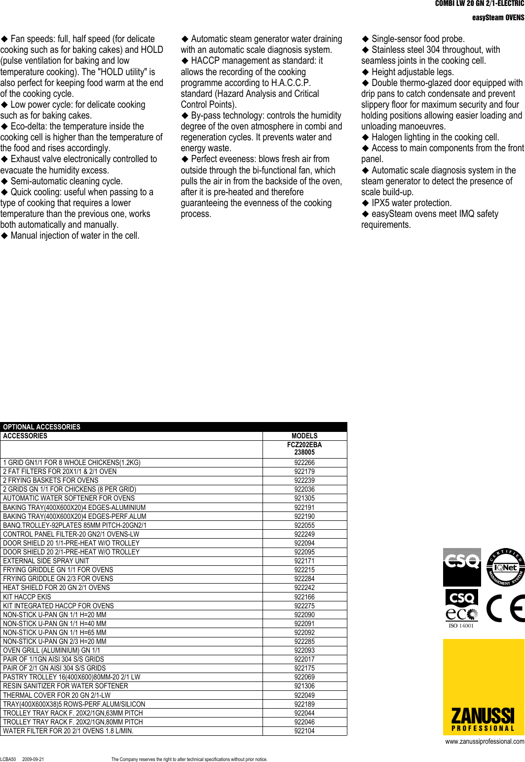 Page 2 of 3 - Zanussi Zanussi-238005-Brochure- COMBI LW 20 GN 2/1-ELECTRIC  Zanussi-238005-brochure