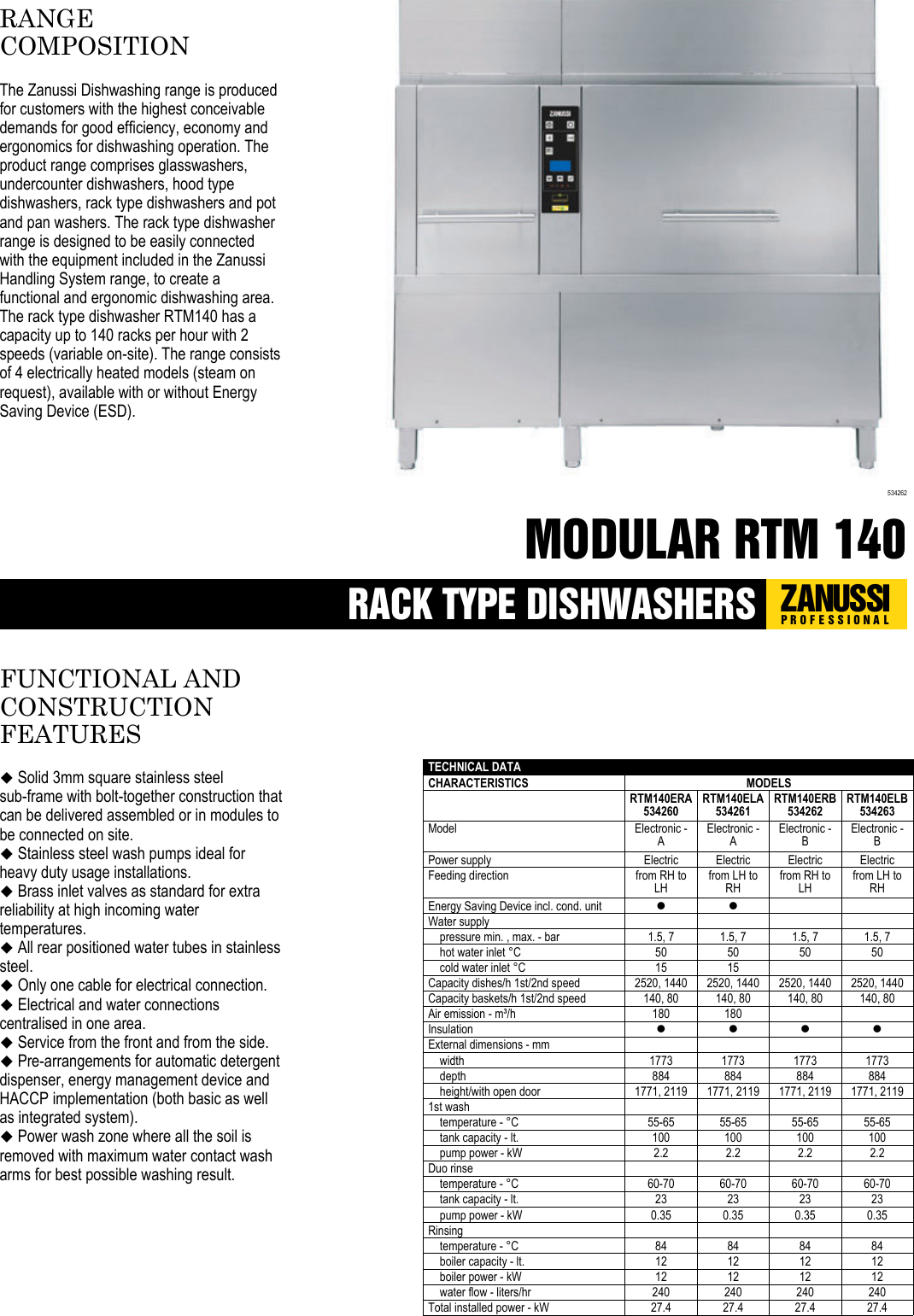 Page 1 of 4 - Zanussi Zanussi-534260-Brochure- RACK TYPE DISHWASHERS  Zanussi-534260-brochure