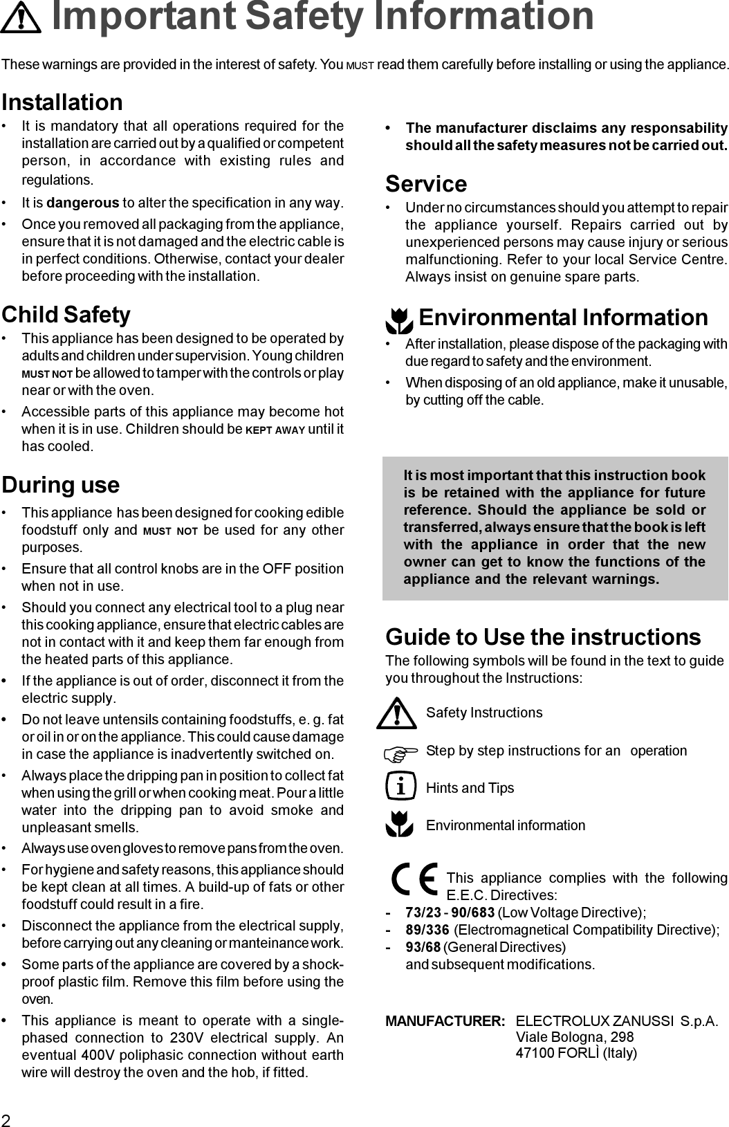 Zanussi Zob 641 Users Manual