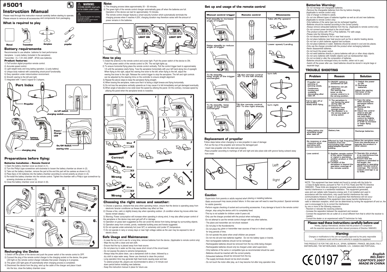 Instruction Manual #50018+Please read through this instruction manual carefully before starting to operate.Please ensure to remove all accessories and components from packaging.TransmitterAeroplane  propellerManualWhat is required to play      Battery requirementsRecommended to use alkaline  batteries for best performanceAeroplane : Li-poly battery (included in the aeroplane)Transmitter : 6 x 1.5V (AA) (006P , 6F22) size batteries. Part IndexDo not touch the propeller when operating. Do not use in a crowd. Supervision of adult or expert required when the device is in use. PropellerOn/Off SwitchPower/Charge LEDcharging socketon/off switchveering trimcharging plugbattery chamberRecharging the Device1) Switch off the power of the device and push the power switch of the remote control to OFF.2) Connect the plug of the remote control charger to the charging socket on the device, the green     LED light on the remote control charger indicates that power charging is in progress. 3) The green LED light goes off automatically when charging process is completed.4) Disconnect the device from the plug, wind up the cable of the charger and place it back     into the box, close the battery chamber cover.Note:1) The charging process takes approximately 20 – 30 minutes.2) The green light of the remote control charger automatically goes off when the batteries are full.    Operation of the device can last for approximately 10 minutes.    The remote control charger features a smart security function which automatically terminate the     charging process when it reaches 4.25V, charging duration may therefore varies with the amount of    power remains in the batteries.   Choosing the right venue and weather:How to play1) Install the antenna to the remote control and screw tight. Push the power switch of the device to ON.    Push the power switch of the remote control to ON. The red light lights up.2) To ensure horizontal flying place the remote control vertically. Pull the control trigger back to approximately    1/3 until the aeroplane starts flying. Toss the aeroplane horizontally with your left hand along line of eyesight.    When flying to the right, adjust the veering fine toner to the left; when flying to the left, adjust the    veering fine toner to the right. Release the control trigger to stop the aeroplane. The left and right controls    can be adjusted by the steering trims on the controller to ensure straight alignment 3) Repeat the above steps to keep the aeroplane flying straight.4) When tossing the aeroplane, make sure that it is facing a slight breeze and flying horizontally.5) Do not toss the aeroplane vertically upwards as it may cause it to fall immediately and get damaged eventually.LIGHT ON LIGHT OFF0197EnglishNO.5001©ZAPTOYS 2007MADE IN CHINA6).When angle of elevation is too wide lower the speed by utilizing the panel. On the contrary, increase speed by     utilizing the panel when the aeroplane tends to nosedive.1) Choose a spacious, obstacle-free area when operating indoor, ensure that the device is operating away from     electronic fans/air conditioner as theses facilities may affect air flow.2) Choose a fine, calm or slightly breezy day when operating outdoor. (A condition where fog moves while tree     leaves remain steady.) 3) Warning: Power consumption will increase when operating in strong wind, it may also affect proper control of the aeroplane or the device may even get puff off or damage.4) Operation on grass lawn suggested as this can avoid the device from being damage by surrounding objects. 5) Operation away from crowds, ponds, residential building area and forests suggested.6) Do not operate under extremely hot (over 50°) or extremely cold (under 0°) temperature.7) Do not operate in rainy or snowy days or near high voltage cables as the user may be exposed to risk of     electric shock. Batteries Installation – Remote Control1) Open the battery chamber cover as shown in (1).2) Turn the Philip’s type screwdriver anti-clockwise to loosen the battery chamber as shown in (2).3) Take out the battery chamber, remove the part at the end this part will be useless as shown in (3).4) Place 6pcs of AA batteries into the battery chamber according to correct polarity as shown in (4).5) Re-install the battery chamber into the remote control. Tighten the chamber with a Philip’s type screwdriver by     screwing clockwise as shown in (5).6) Close the battery chamber cover as shown in (6).14 5623Set up and usage of the remote controlFollow steps below when changing to a new propeller in case of damage: -Pull out the top of the propeller and remove the damaged part.˙-Insert new propeller onto the steel axle properly. -Place propeller according to markings of left and right and also place side with groove facing outward away  from motorReplacement of propellerTROUBLE SHOOTINGProblem Reason SolutionCaution-Supervision from parents or adults required when placing or installing batteries.-Static environment may cause product failure. In this case user will need to reset the product. Special reminder  for adults (parents):-Perform regular checking of socket and surrounding accessories. If any damage is found in the remote control  charger, stop using the device until it is completely fixed. -This toy is not suitable for children under 8 years old.-Only use the charger provided with the product when recharging.-Do not attempt to use the remote control charger with any other batteries. - The plane and transmitter are not shock resistant- Do not play in the thunderstorms- Do not place the plane or transmitter near sources of heat or in direct sunlight  for long periods of time.- Do not operate the plane when small children are present- Do not mix old and new batteries together.  Do not mix battery types or brands.- Non-rechargeable batteries should not be recharged.- Rechargeable batteries should be removed from the toy while being charged.- Rechargeable batteries should only be charged under adult supervision.- Only batteries of the same or compatible type as recommended should be used.- Batteries should be inserted with the correct polarity.- Exhausted batteries should be removed from the toy.- The supply terminals should not be short-circuited.- Do not touch the motor after play, as it may become hot after long operation time.Batteries Warning:-Do not recharge non-chargeable batteries.-Remove the chargeable batteries from the toy before charging.(Applicable to remote control only)-Use of charger is limited to adults.-Do not mix different types of batteries together as well as old and new batteries.(Applicable to remote control only)-Only batteries of the same type can be recharged together.-Batteries should be inserted according to the correct polarity.-Always remove exhausted batteries from the toy. (Applicable to remote control only)-Do not connect power terminal to the circuit board.-This product comes with 1PC Li-Poly batteries. For safe usage, -Please note the following things:-Do not discard batteries in fire or near heat source.-Do not place batteries near heat source such as fire or electric heating device.-Do not ram or pitch batteries against hard surfaces.-Do not place batteries in water. Batteries should be stored in cool and dry places. -Only use the charger provided with the product when recharging batteries.-Never disassemble batteries.-Do not touch the power socket.-Do not weld batteries directly or pierce batteries with pin or other sharp objects.-Do not carry batteries with metallic objects such as necklaces/hair clips. -Do not re-install or alter the composition of batteries.-Batteries should be recharged every six months. (when not in use)-Switch off the power after use. Used batteries should be stored in recycle bags or separate bags.  NOTE: This equipment has been tested and found to comply with the limits for a Class B digital device, pursuant to Part 15 of FCC Rules and R&amp;TTE Directive 1999/5/EC. These limits are designed to provide reasonable protection against harmful interference in a residential installation. This equipment generates,uses and can radiate radio frequency energy and, if not installed and used in accordance with the instructions, may cause harmful interference the radio communications.However, there is no guarantee that interference will not occur in a particular installation.If this equipment does cause harmful interference to radio or television reception, which can be determined by turning the equipment off and on, theuser is encouraged to try to correct the interference by one or more of the following measures:- Reorient or relocate the receiving antenna.- Increase the separation between the equipment and receiver.- Connect the equipment into an outlet on a circuit different from that to which the receiver is   needed.- Consult the dealer or an experienced radio/TV technician for help. Safe Usage and Maintenance:- In case the toy is not in use for a long time, remove batteries from the device. (Applicable to remote control only)- Wipe the toy with a clean and wet cloth.- Ensure that the toy is placed away from heat source.- Do not place toy in water as this may cause short circuit of the circuit board.- Do not expose the plane to extreme temperatures- Always keep the plane clean, use a dampened cloth to clean, followed by a  dry cloth to wipe water away. Never use chemical to clean the product. - Long operation time may generate high heat levels causing wear and tear.   To extend product life, players are recommended to allow a 10 minute cool  down period before installing new batteries.- Keep this instruction manual in place for future use.Warning: Changes or modifications to this unit not expressly approved by the party responsible for compliance could void the user&apos;s authority to operate the equipmentPlease read these instructions carefully before use!Hereby, Zaptoys International, declares that this product is in compliance with the essential requirements and other relevant provisions of Directive 1999/5/EC.1. 2. 3.4. 5. 6.Preparations before flying:Propeller not spinning or spinning slowly.1) ON/OFF switch is     positioned at OFF.1) Switch the power     to ON.2) Recharge     batteries.Continuous turning and suddenly descending after take off.2) Batteries not yet     saturated.   The veering fine    toner on the    remote control is in    the wrong position.Adjust the veering fine toner of the remote controlFail to take off or descending slowly when flying.Falling before theascending stage after take off1) The aeroplane is    not facing the wind     during take off.2) Ensure the     batteries have     enough power.3) The elevator is in     the wrong angle or     wrong speed.1) Face the wing     when tossing the     aeroplane before     take off.2) Recharge the     device.3) Adjust the control     stick to the left     technically (Do     not hold tight,     control by slightly     tapping the stick.)     in order to increase     or lower flying     speed.Battery low. Recharge batteries.No response or slow response when operating with remote controlLose control.Affected by high frequency radiation from the surrounding high voltage cable/adapter/special building.1) Another remote control     of the same frequency     or signal is operating     another product or this     product.2) Location of the     aeroplane is beyond the     operation coverage of     the remote control.1) Operate this product     in an interference-free     environment.2) Ensure that the     antenna is extended to     full length; the     aeroplane is operating     within remote control     coverage. The remote     control coverage is up     to 50M.Move the aeroplane away from the interference or operate the product in other places.Manual control trigger Remote control MovementsPull steadily to increase angle of triggerTake off/Fly upwardLower speed/Landingturn leftturn rightRelax steadily to reduce angle of triggerTo fly steadily, keep angle of the trigger unchanged.Tilt the remote control 45  To the left sharplyTilt the remote control 45  To the right sharply.To fly steadily, keep angle of the trigger unchangedProduct features:1) Full function digital proportion remote control.2) Accurate speed control.3) Light weight body and long lasting operation. (Li-poly battery)4) Unique body material with outstanding shock-proof functionality.5) Easy operation under indoor/outdoor environment.6) Smooth veering to the left and right.7) Integrated with 1 band 3 signal for 3 players. THIS PRODUCT IS FOR THE USE IN U.K., SPAIN, GERMANY, FRANCE, BELGIUM, ITALY,SWITZERLAND, THE NETHERLANDS, DENMARK, U.S., CANADA AND PORTUGAL.