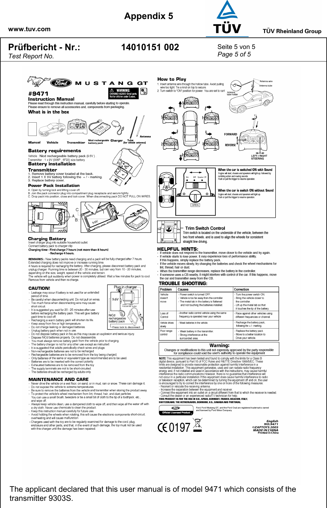    www.tuv.com  Appendix 5 Prüfbericht - Nr.: Test Report No. 14010151 002  Seite 5 von 5 Page 5 of 5    The applicant declared that this user manual is of model 9471 which consists of the transmitter 9303S. 