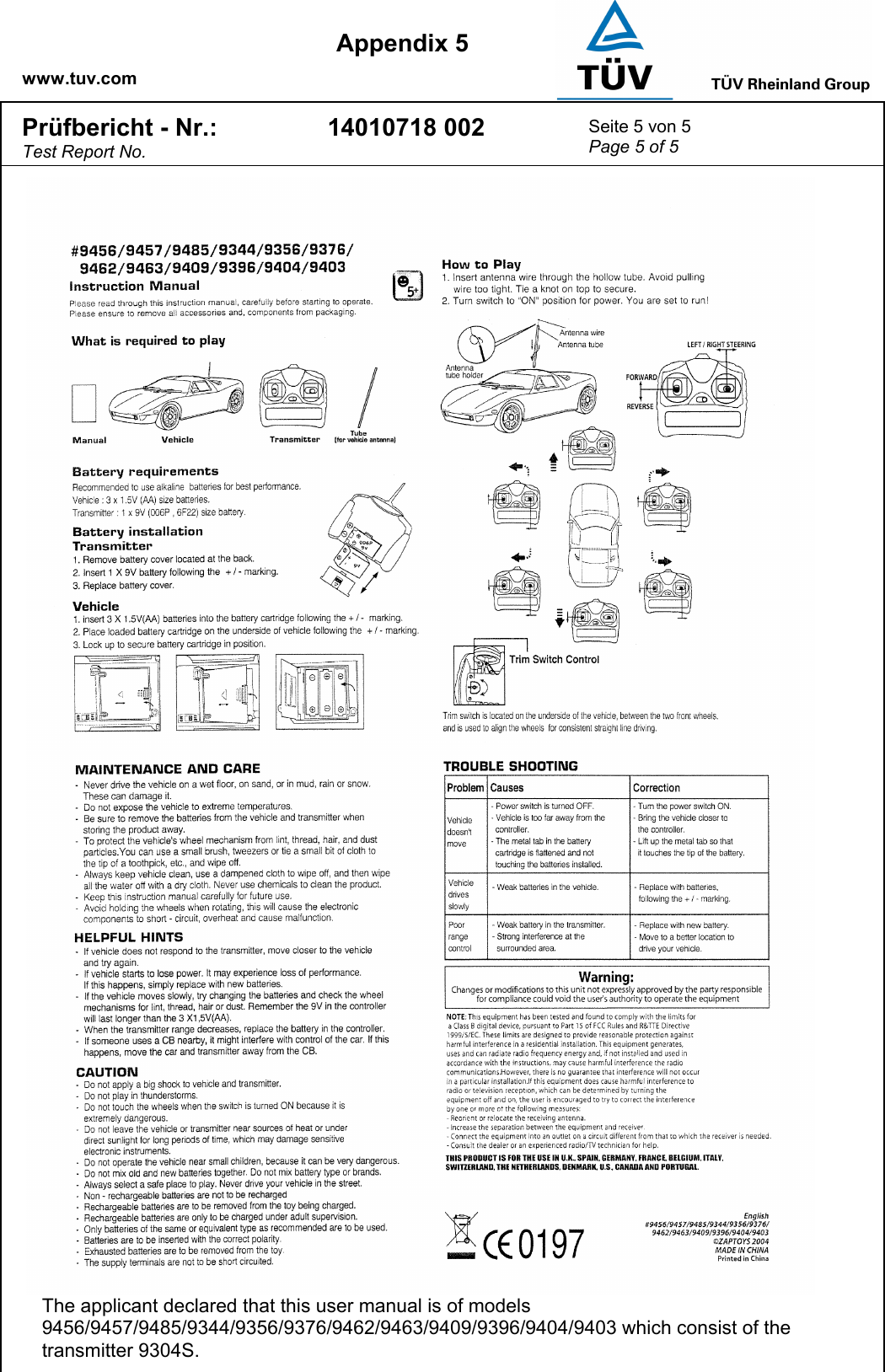    www.tuv.com  Appendix 5 Prüfbericht - Nr.: Test Report No. 14010718 002  Seite 5 von 5 Page 5 of 5    The applicant declared that this user manual is of models 9456/9457/9485/9344/9356/9376/9462/9463/9409/9396/9404/9403 which consist of the transmitter 9304S. 