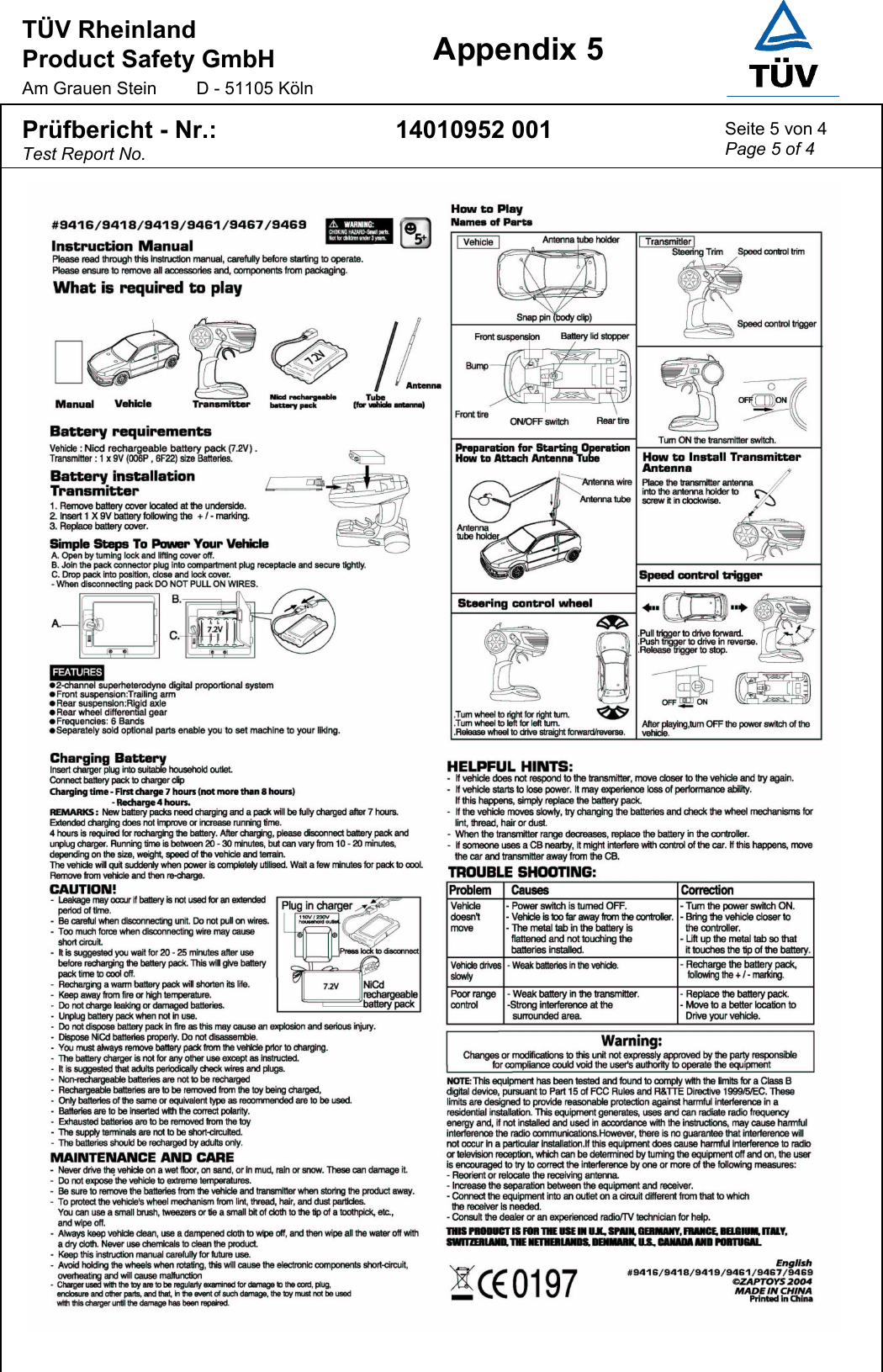 TÜV Rheinland  Product Safety GmbH Am Grauen Stein  D - 51105 Köln  Appendix 5  Prüfbericht - Nr.: Test Report No. 14010952 001  Seite 5 von 4 Page 5 of 4    