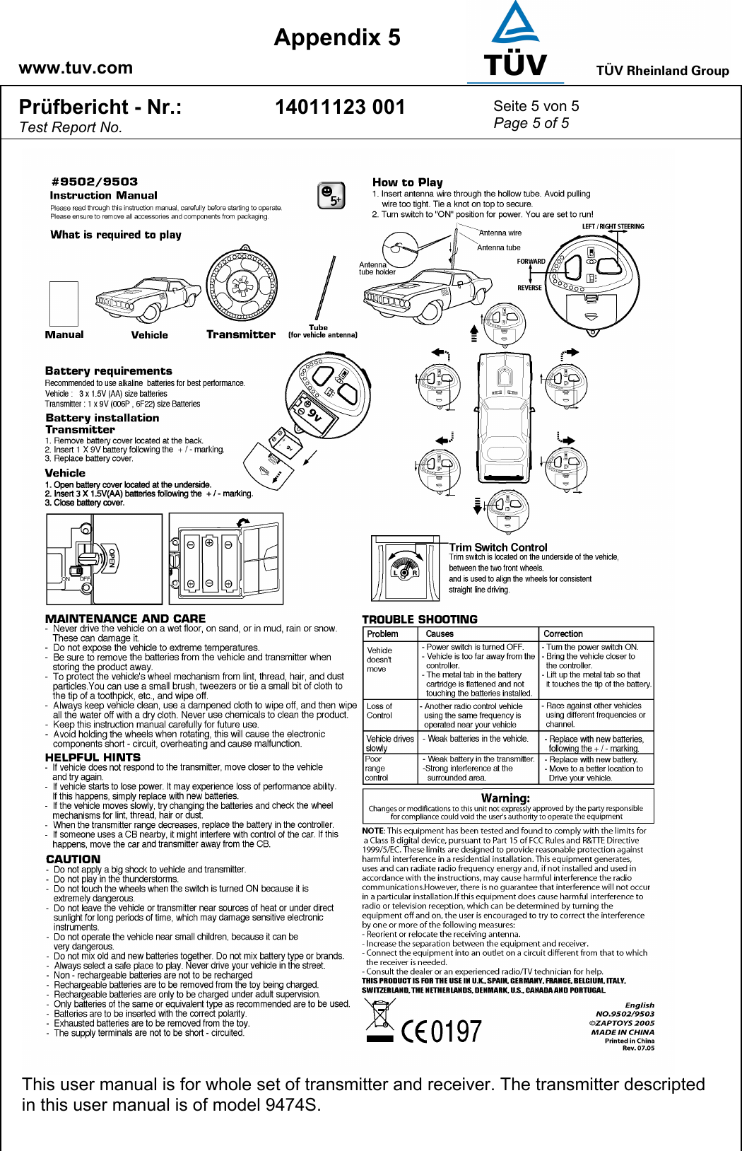    www.tuv.com  Appendix 5 Prüfbericht - Nr.: Test Report No. 14011123 001  Seite 5 von 5 Page 5 of 5    This user manual is for whole set of transmitter and receiver. The transmitter descripted in this user manual is of model 9474S. 