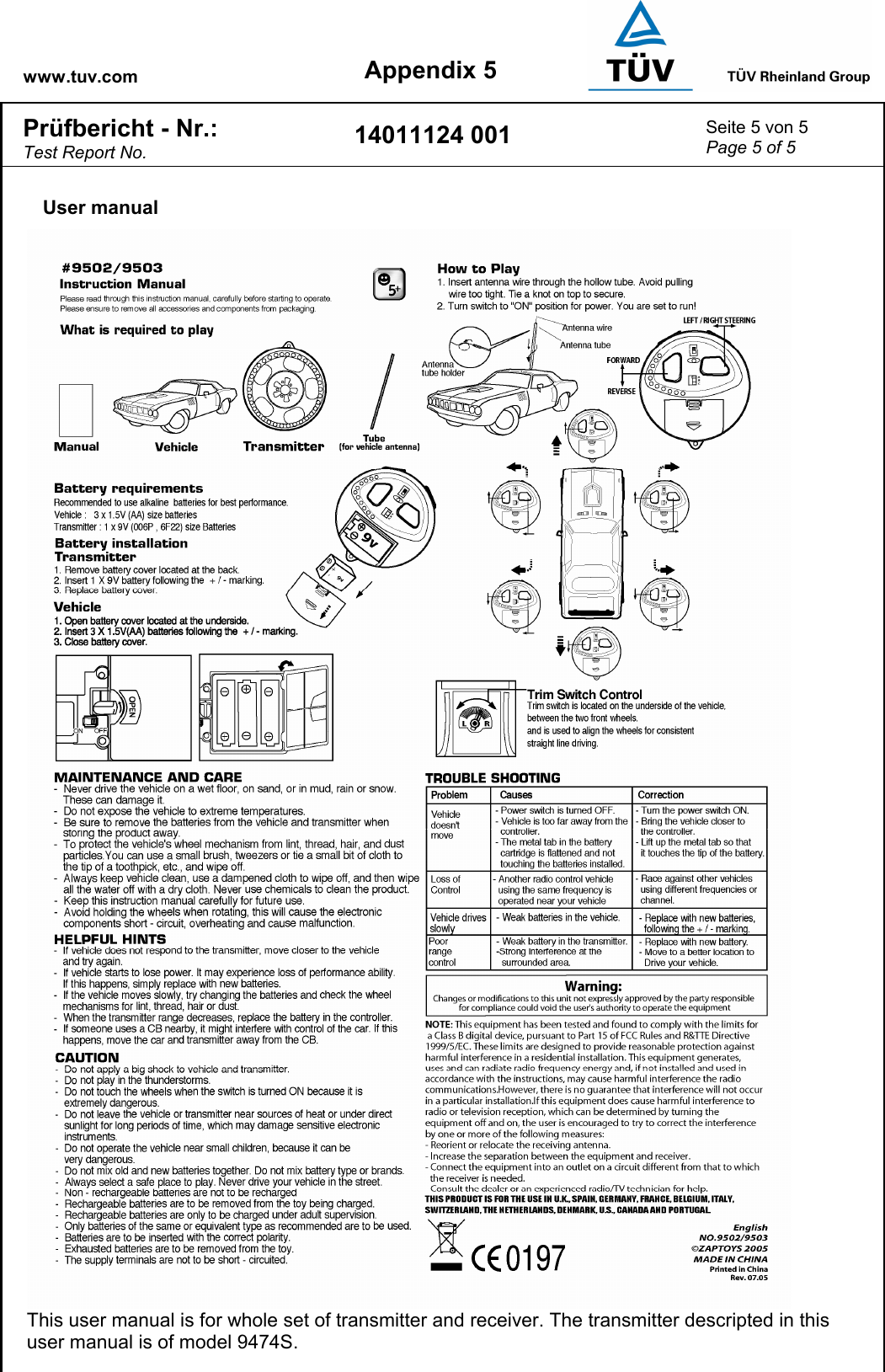 www.tuv.com Appendix 5 Prüfbericht - Nr.:  Test Report No. 14011124 001  Seite 5 von 5 Page 5 of 5   User manual  This user manual is for whole set of transmitter and receiver. The transmitter descripted in this user manual is of model 9474S. 