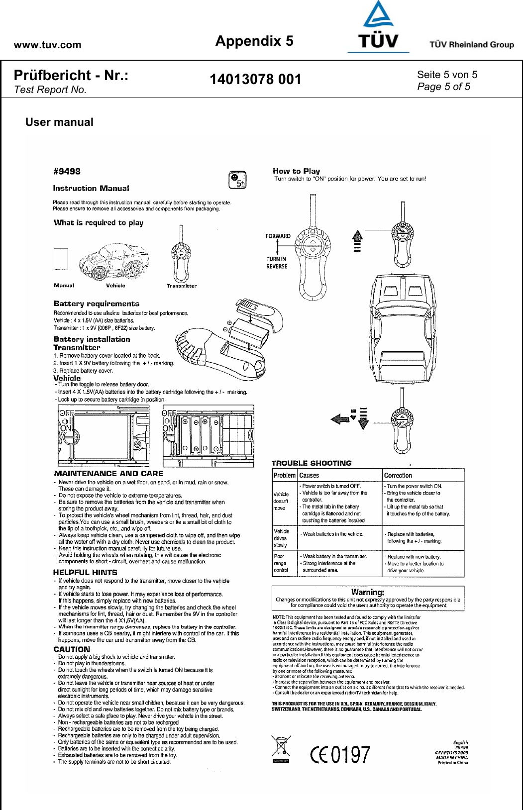 www.tuv.com Appendix 5 Prüfbericht - Nr.:  Test Report No. 14013078 001  Seite 5 von 5 Page 5 of 5   User manual  