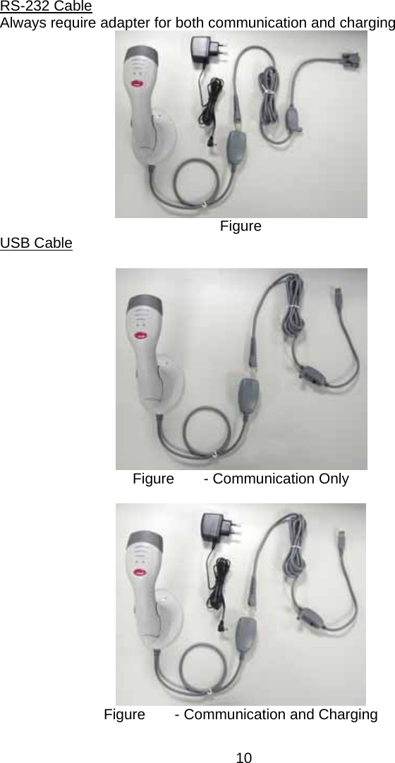  RS-232 Cable Always require adapter for both communication and charging  Figure   USB Cable   Figure    - Communication Only   Figure    - Communication and Charging  10 