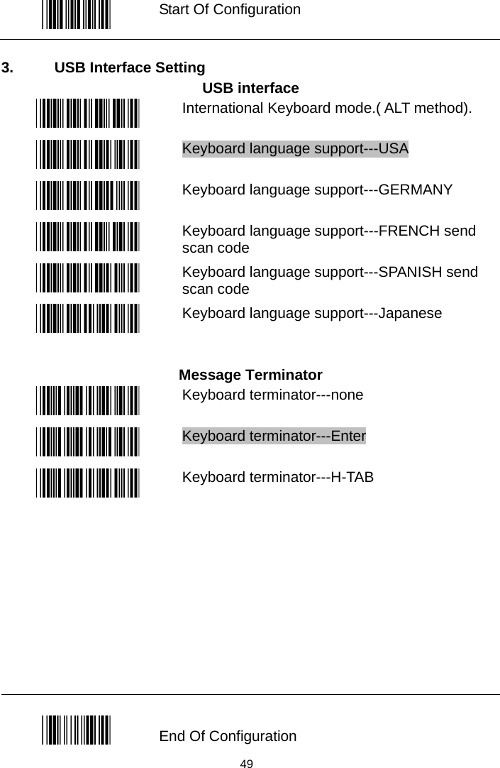   Start Of Configuration  3.  USB Interface Setting USB interface  International Keyboard mode.( ALT method).   Keyboard language support---USA   Keyboard language support---GERMANY   Keyboard language support---FRENCH send scan code  Keyboard language support---SPANISH send scan code    Keyboard language support---Japanese   Message Terminator  Keyboard terminator---none  Keyboard terminator---Enter  Keyboard terminator---H-TAB            End Of Configuration  49