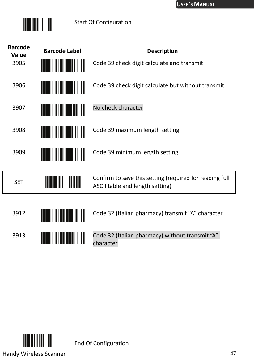 USER’S MANUAL Handy Wireless Scanner  47  Start Of Configuration  Barcode Value  Barcode Label  Description 3905  Code 39 check digit calculate and transmit 3906  Code 39 check digit calculate but without transmit 3907  No check character 3908  Code 39 maximum length setting 3909  Code 39 minimum length setting SET   Confirm to save this setting (required for reading full ASCII table and length setting)     3912  Code 32 (Italian pharmacy) transmit “A” character 3913  Code 32 (Italian pharmacy) without transmit ”A” character           End Of Configuration 
