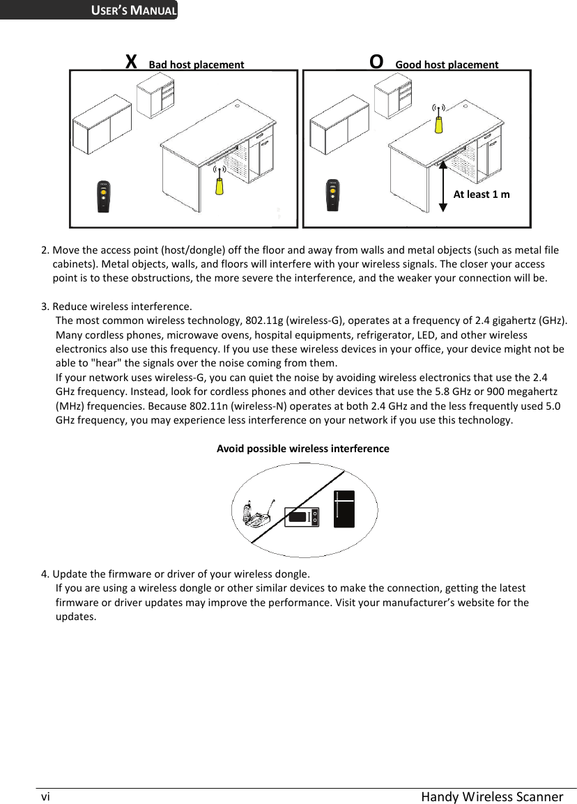 USER’S MANUAL  Handy Wireless Scanner vi   X  Bad host placement  O  Good host placement At least 1 m2. Move the access point (host/dongle) off the floor and away from walls and metal objects (such as metal file cabinets). Metal objects, walls, and floors will interfere with your wireless signals. The closer your access point is to these obstructions, the more severe the interference, and the weaker your connection will be.  3. Reduce wireless interference. The most common wireless technology, 802.11g (wireless-G), operates at a frequency of 2.4 gigahertz (GHz). Many cordless phones, microwave ovens, hospital equipments, refrigerator, LED, and other wireless electronics also use this frequency. If you use these wireless devices in your office, your device might not be able to &quot;hear&quot; the signals over the noise coming from them. If your network uses wireless-G, you can quiet the noise by avoiding wireless electronics that use the 2.4 GHz frequency. Instead, look for cordless phones and other devices that use the 5.8 GHz or 900 megahertz (MHz) frequencies. Because 802.11n (wireless-N) operates at both 2.4 GHz and the less frequently used 5.0 GHz frequency, you may experience less interference on your network if you use this technology.    Avoid possible wireless interference4. Update the firmware or driver of your wireless dongle. If you are using a wireless dongle or other similar devices to make the connection, getting the latest firmware or driver updates may improve the performance. Visit your manufacturer’s website for the updates. 