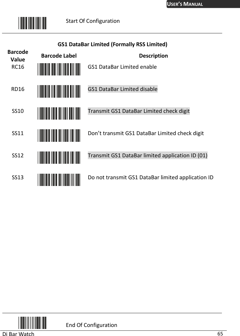 USER’S MANUAL Di Bar Watch  65  Start Of Configuration  GS1 DataBar Limited (Formally RSS Limited) Barcode Value  Barcode Label  Description RC16  GS1 DataBar Limited enaRD16 ble GS1 DataBar Limited disable SS10  Transmit GS1 DataBar Limited check digit SS11  Don’t transmit GS1 DataBar Limited check digit SS12  Transmit GS1 DataBar limited application ID (01) SS13  Do not transmit GS1 DataBar limited application ID                 End Of Configuration 