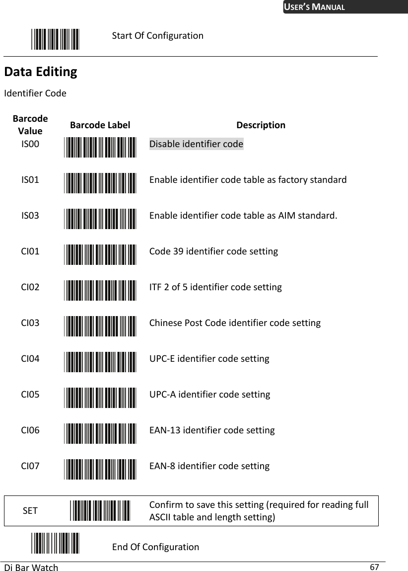 USER’S MANUAL Di Bar Watch  67  Start Of Configuration Data Editing Value   Label  Description Identifier Code  Barcode  BarcodeIS00  Disable identifier code IS01  Enable identifier code table as factory standard IS03  Enable identifier code table as AIM standard. CI01  Code 39 identifier code setting CI02  ITF 2 of 5 identifier code setting CI03  Chinese Post Code identifier code setting CI04  UPC-E identifier code setting CI05  UPC-A identifier code setting CI06  EAN-13 identifier code setting CI07  EAN-8 identifier code setting SET   Confirm to save this setting (required for reading full ASCII table and length setting)  End f C O onfiguration 