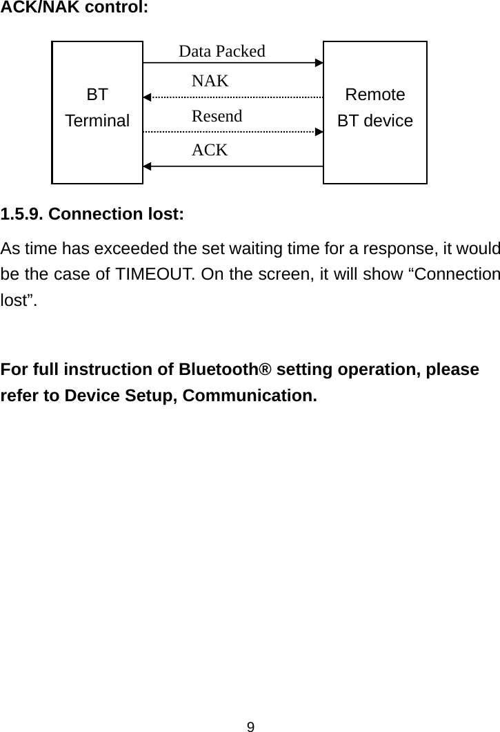  9 ACK/NAK control:      1.5.9. Connection lost: As time has exceeded the set waiting time for a response, it would be the case of TIMEOUT. On the screen, it will show “Connection lost”.  For full instruction of Bluetooth® setting operation, please refer to Device Setup, Communication.  Remote BT device BT Terminal Data Packed NAK Resend ACK 