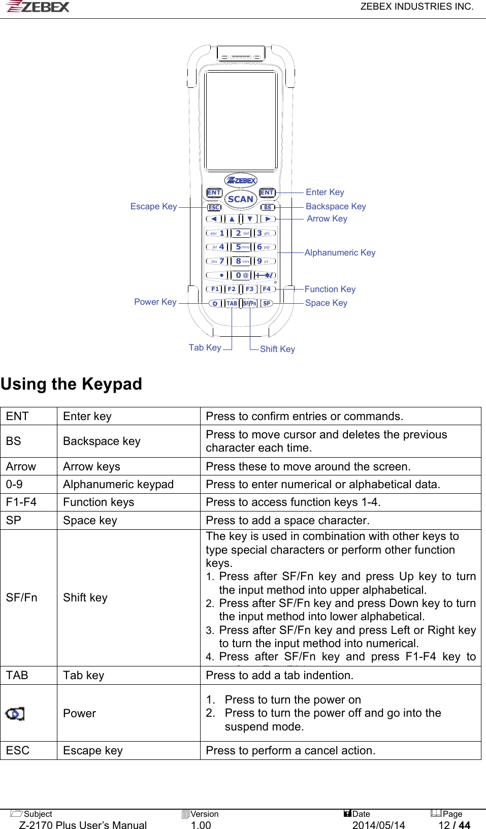   ZEBEX INDUSTRIES INC.  Subject  Version   DatePage   Z-2170 Plus User’s Manual  1.00  2014/05/14  12 / 44 ENTENT0F1 F2 F4F32def 3ghiabc 1vwx8stu 79yzmno4jkl 5pqr6SCAN@Backspace KeyArrow KeyEscape KeySpace KeyTab KeyPower KeyShift KeyEnter KeyFunction KeyAlphanumeric Key                                Using the Keypad ENT Enter key Press to confirm entries or commands. BS Backspace key  Press to move cursor and deletes the previous character each time. Arrow Arrow keys Press these to move around the screen. 0-9 Alphanumeric keypad Press to enter numerical or alphabetical data. F1-F4 Function keys Press to access function keys 1-4. SP  Space key  Press to add a space character. SF/Fn Shift key The key is used in combination with other keys to type special characters or perform other function keys. 1. Press after SF/Fn key and press Up key to turn the input method into upper alphabetical. 2. Press after SF/Fn key and press Down key to turn the input method into lower alphabetical. 3. Press after SF/Fn key and press Left or Right key to turn the input method into numerical. 4. Press after SF/Fn key and press F1-F4 key to fFF8 kTAB  Tab key  Press   dention.  to add a tab in Power 1.  Press to turn the power on   2.  Press to turn the power off and go into the suspend mode. ESC Escape key  Press to perform a cancel action.  