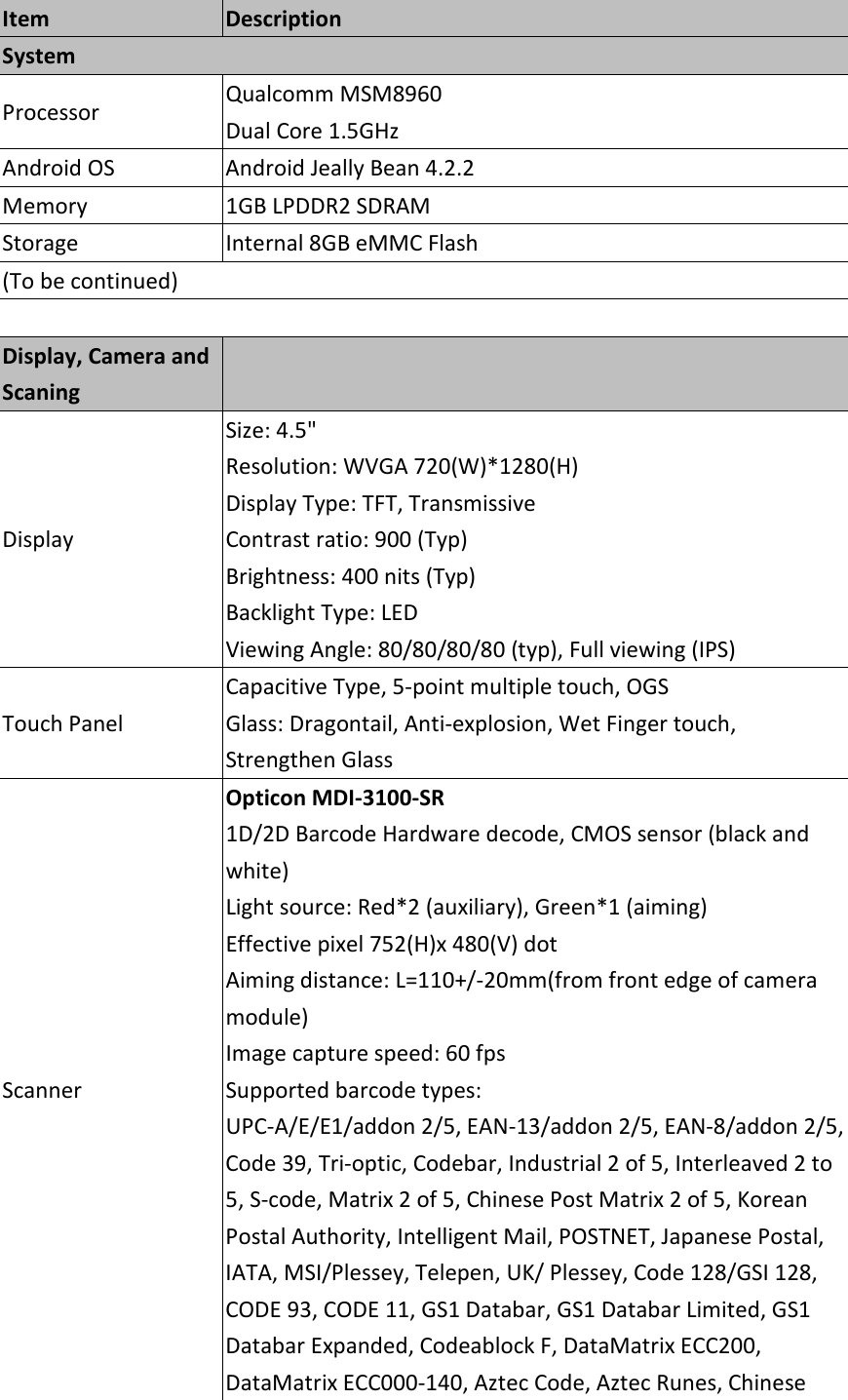 Item  Description System Processor  Qualcomm MSM8960 Dual Core 1.5GHz   Android OS  Android Jeally Bean 4.2.2 Memory  1GB LPDDR2 SDRAM Storage  Internal 8GB eMMC Flash (To be continued)       Display, Camera and Scaning    Display Size: 4.5&quot; Resolution: WVGA 720(W)*1280(H)   Display Type: TFT, Transmissive Contrast ratio: 900 (Typ) Brightness: 400 nits (Typ) Backlight Type: LED Viewing Angle: 80/80/80/80 (typ), Full viewing (IPS) Touch Panel Capacitive Type, 5-point multiple touch, OGS Glass: Dragontail, Anti-explosion, Wet Finger touch, Strengthen Glass Scanner Opticon MDI-3100-SR 1D/2D Barcode Hardware decode, CMOS sensor (black and white) Light source: Red*2 (auxiliary), Green*1 (aiming)   Effective pixel 752(H)x 480(V) dot Aiming distance: L=110+/-20mm(from front edge of camera module) Image capture speed: 60 fps Supported barcode types:   UPC-A/E/E1/addon 2/5, EAN-13/addon 2/5, EAN-8/addon 2/5, Code 39, Tri-optic, Codebar, Industrial 2 of 5, Interleaved 2 to 5, S-code, Matrix 2 of 5, Chinese Post Matrix 2 of 5, Korean Postal Authority, Intelligent Mail, POSTNET, Japanese Postal, IATA, MSI/Plessey, Telepen, UK/ Plessey, Code 128/GSI 128, CODE 93, CODE 11, GS1 Databar, GS1 Databar Limited, GS1 Databar Expanded, Codeablock F, DataMatrix ECC200, DataMatrix ECC000-140, Aztec Code, Aztec Runes, Chinese 