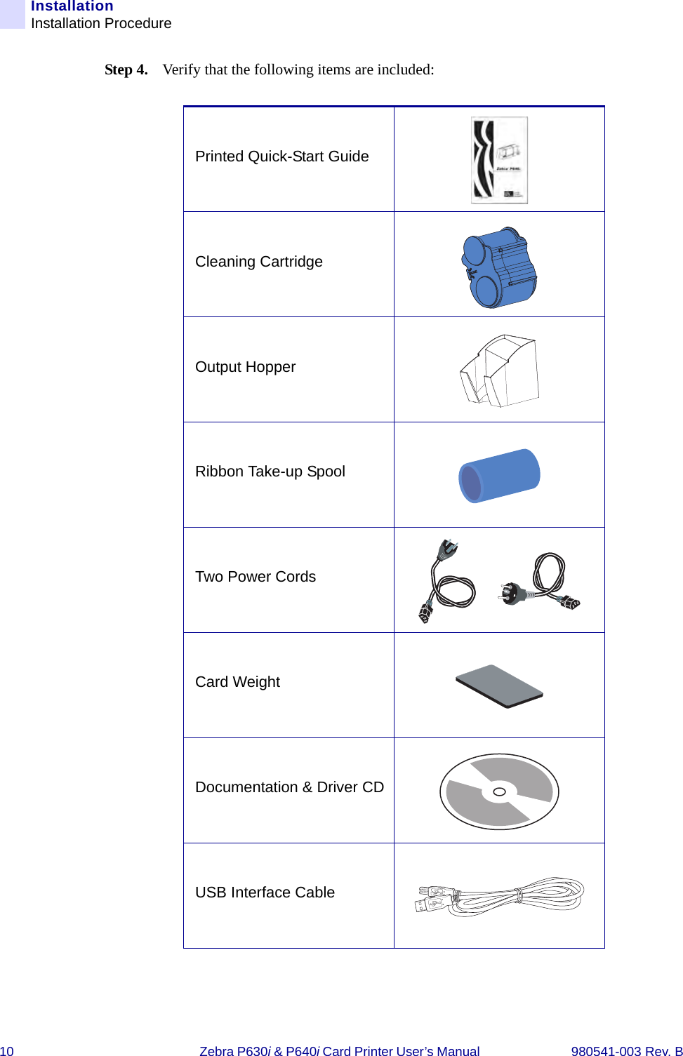 10 Zebra P630i &amp; P640i Card Printer User’s Manual  980541-003 Rev. BInstallationInstallation ProcedureStep 4. Verify that the following items are included:Printed Quick-Start GuideCleaning CartridgeOutput HopperRibbon Take-up SpoolTwo Power CordsCard WeightDocumentation &amp; Driver CDUSB Interface Cable