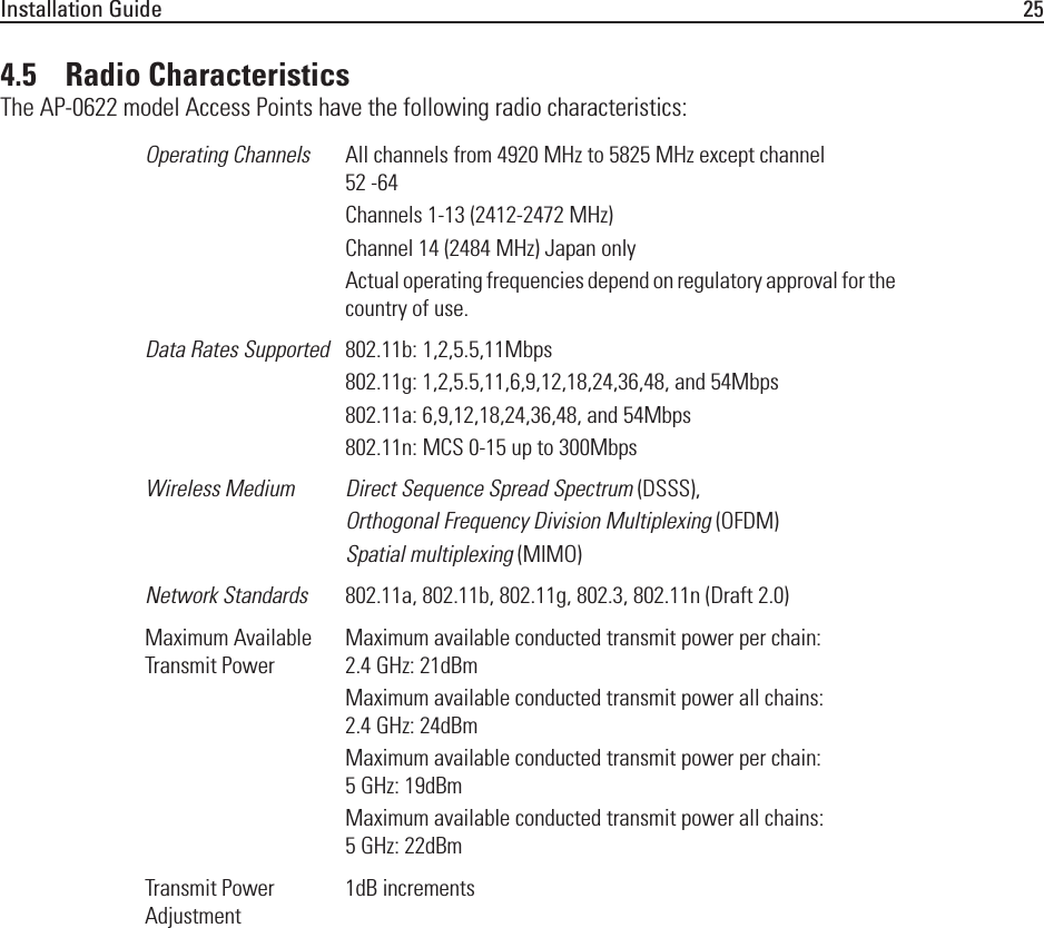 Installation Guide 254.5    Radio CharacteristicsThe AP-0622 model Access Points have the following radio characteristics: Operating Channels All channels from 4920 MHz to 5825 MHz except channel 52 -64Channels 1-13 (2412-2472 MHz)Channel 14 (2484 MHz) Japan onlyActual operating frequencies depend on regulatory approval for the country of use.Data Rates Supported 802.11b: 1,2,5.5,11Mbps802.11g: 1,2,5.5,11,6,9,12,18,24,36,48, and 54Mbps802.11a: 6,9,12,18,24,36,48, and 54Mbps802.11n: MCS 0-15 up to 300MbpsWireless Medium Direct Sequence Spread Spectrum (DSSS),Orthogonal Frequency Division Multiplexing (OFDM)Spatial multiplexing (MIMO)Network Standards 802.11a, 802.11b, 802.11g, 802.3, 802.11n (Draft 2.0)Maximum Available Transmit PowerMaximum available conducted transmit power per chain: 2.4 GHz: 21dBmMaximum available conducted transmit power all chains: 2.4 GHz: 24dBmMaximum available conducted transmit power per chain: 5 GHz: 19dBmMaximum available conducted transmit power all chains: 5 GHz: 22dBmTransmit Power Adjustment1dB increments