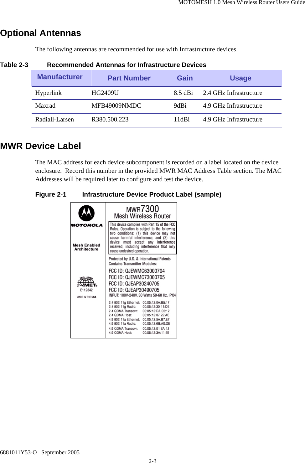 MOTOMESH 1.0 Mesh Wireless Router Users Guide 6881011Y53-O   September 2005 2-3 Optional Antennas The following antennas are recommended for use with Infrastructure devices. Table 2-3  Recommended Antennas for Infrastructure Devices Manufacturer  Part Number  Gain  Usage Hyperlink  HG2409U  8.5 dBi  2.4 GHz Infrastructure Maxrad MFB49009NMDC 9dBi 4.9 GHz Infrastructure Radiall-Larsen R380.500.223  11dBi 4.9 GHz Infrastructure MWR Device Label The MAC address for each device subcomponent is recorded on a label located on the device enclosure.  Record this number in the provided MWR MAC Address Table section. The MAC Addresses will be required later to configure and test the device.  Figure 2-1  Infrastructure Device Product Label (sample)     