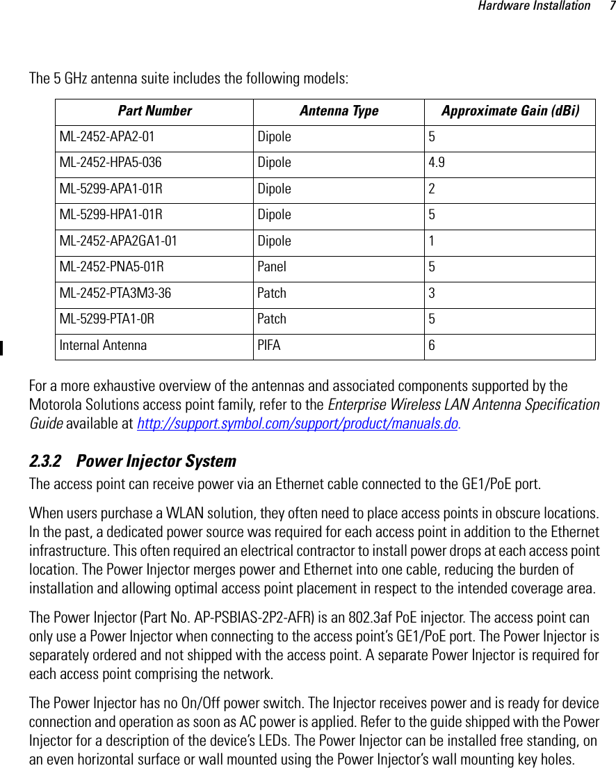 Hardware Installation 7The 5 GHz antenna suite includes the following models:For a more exhaustive overview of the antennas and associated components supported by the Motorola Solutions access point family, refer to the Enterprise Wireless LAN Antenna Specification Guide available at http://support.symbol.com/support/product/manuals.do.2.3.2    Power Injector SystemThe access point can receive power via an Ethernet cable connected to the GE1/PoE port.When users purchase a WLAN solution, they often need to place access points in obscure locations. In the past, a dedicated power source was required for each access point in addition to the Ethernet infrastructure. This often required an electrical contractor to install power drops at each access point location. The Power Injector merges power and Ethernet into one cable, reducing the burden of installation and allowing optimal access point placement in respect to the intended coverage area.The Power Injector (Part No. AP-PSBIAS-2P2-AFR) is an 802.3af PoE injector. The access point can only use a Power Injector when connecting to the access point’s GE1/PoE port. The Power Injector is separately ordered and not shipped with the access point. A separate Power Injector is required for each access point comprising the network.The Power Injector has no On/Off power switch. The Injector receives power and is ready for device connection and operation as soon as AC power is applied. Refer to the guide shipped with the Power Injector for a description of the device’s LEDs. The Power Injector can be installed free standing, on an even horizontal surface or wall mounted using the Power Injector’s wall mounting key holes. Part Number Antenna Type Approximate Gain (dBi)ML-2452-APA2-01 Dipole 5ML-2452-HPA5-036 Dipole 4.9ML-5299-APA1-01R Dipole 2ML-5299-HPA1-01R Dipole 5ML-2452-APA2GA1-01 Dipole 1ML-2452-PNA5-01R Panel 5ML-2452-PTA3M3-36 Patch 3ML-5299-PTA1-0R Patch 5Internal Antenna PIFA 6