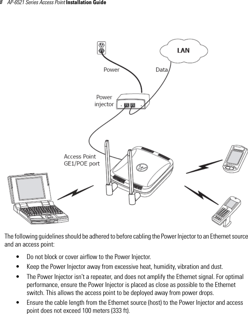 AP-6521 Series Access Point Installation Guide 8 The following guidelines should be adhered to before cabling the Power Injector to an Ethernet source and an access point:• Do not block or cover airflow to the Power Injector.• Keep the Power Injector away from excessive heat, humidity, vibration and dust.• The Power Injector isn’t a repeater, and does not amplify the Ethernet signal. For optimal performance, ensure the Power Injector is placed as close as possible to the Ethernet switch. This allows the access point to be deployed away from power drops.• Ensure the cable length from the Ethernet source (host) to the Power Injector and access point does not exceed 100 meters (333 ft). 