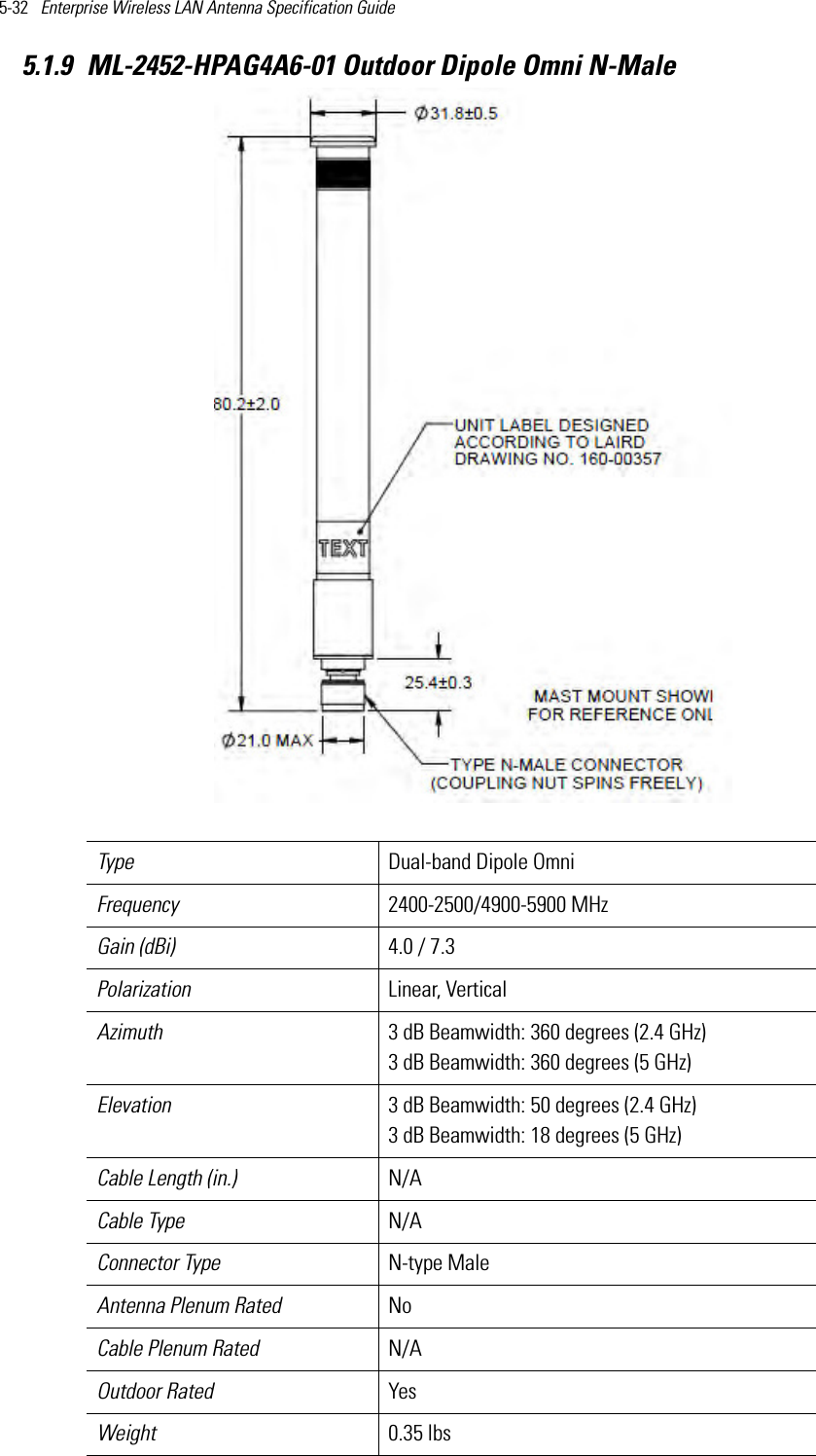 5-32   Enterprise Wireless LAN Antenna Specification Guide 5.1.9 ML-2452-HPAG4A6-01 Outdoor Dipole Omni N-Male  Type Dual-band Dipole OmniFrequency 2400-2500/4900-5900 MHzGain (dBi) 4.0 / 7.3Polarization Linear, VerticalAzimuth 3 dB Beamwidth: 360 degrees (2.4 GHz)3 dB Beamwidth: 360 degrees (5 GHz) Elevation 3 dB Beamwidth: 50 degrees (2.4 GHz)3 dB Beamwidth: 18 degrees (5 GHz)  Cable Length (in.) N/ACable Type N/AConnector Type N-type MaleAntenna Plenum Rated NoCable Plenum Rated N/AOutdoor Rated YesWeight 0.35 lbs